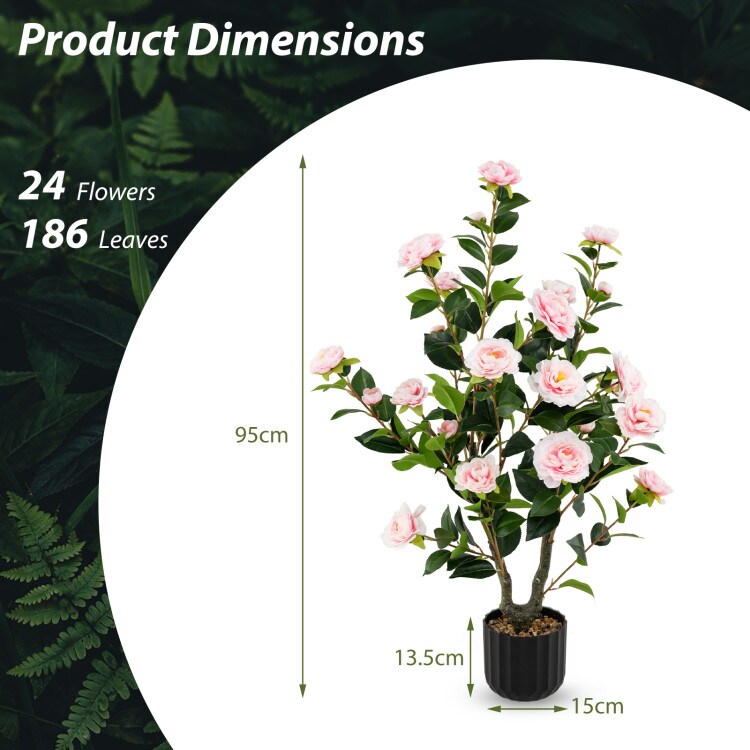 38" Set of 2 Pink Artificial Camellia Tree with 24 Silk Flowers and 186 Leaves in Cement Pot