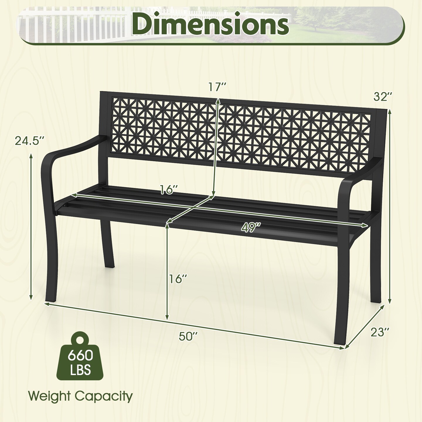 Outdoor Metal Garden Bench 50" with Decorative Backrest for 2-3