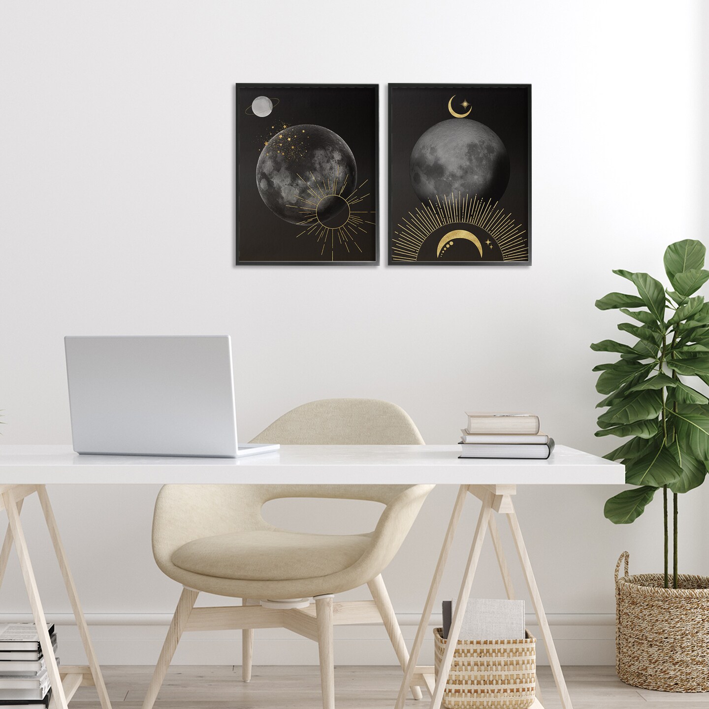Stupell Industries Celestial Gold Sun and Moon 2pc Framed Giclee Set, design by Daniela Santiago