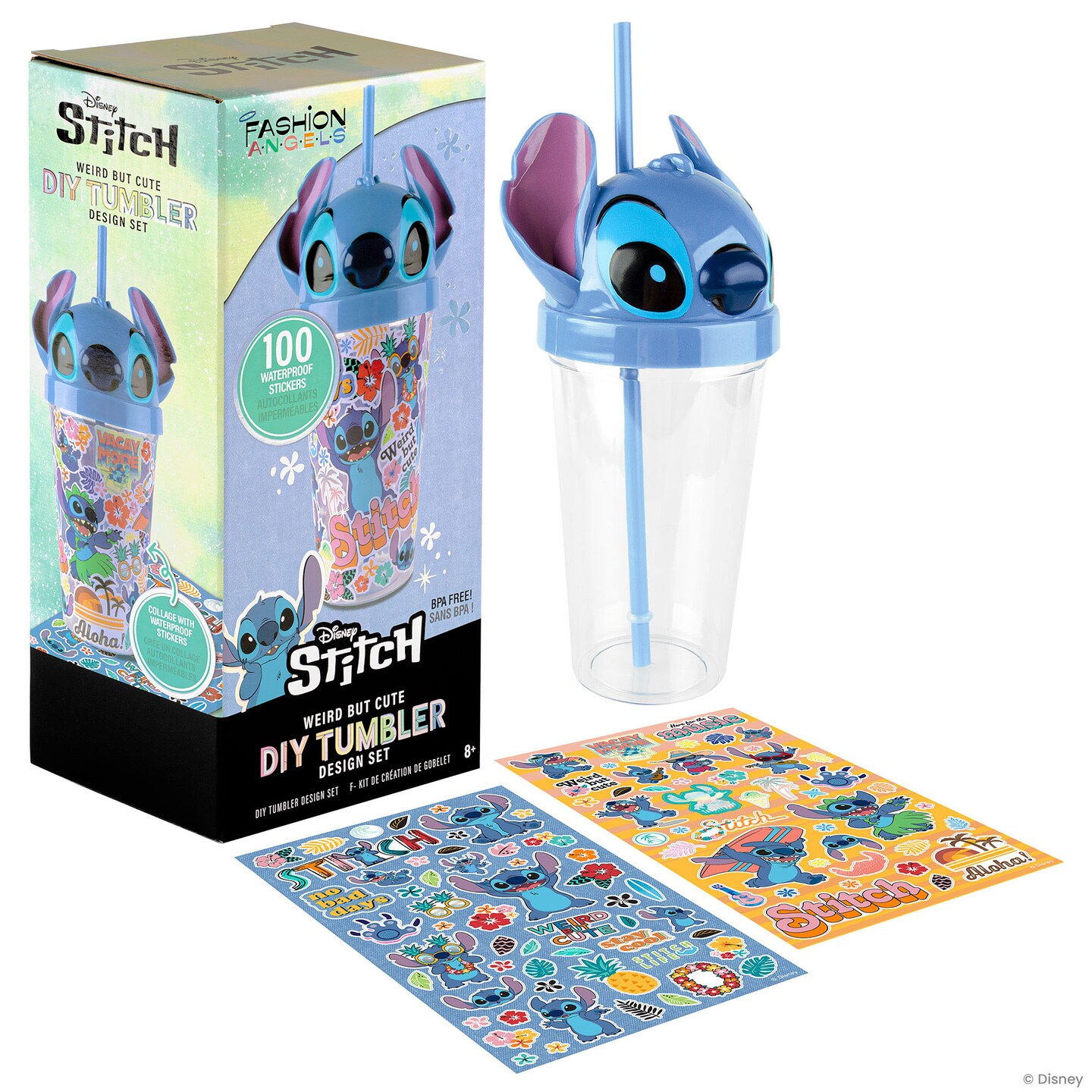 Fashion Angels: Disney Stitch - DIY Tumbler Design Kit - 16oz Cup, Decorate & Collage w/ 100 Stickers, Experiment 626 Character Lid & Straw, Kids 8+