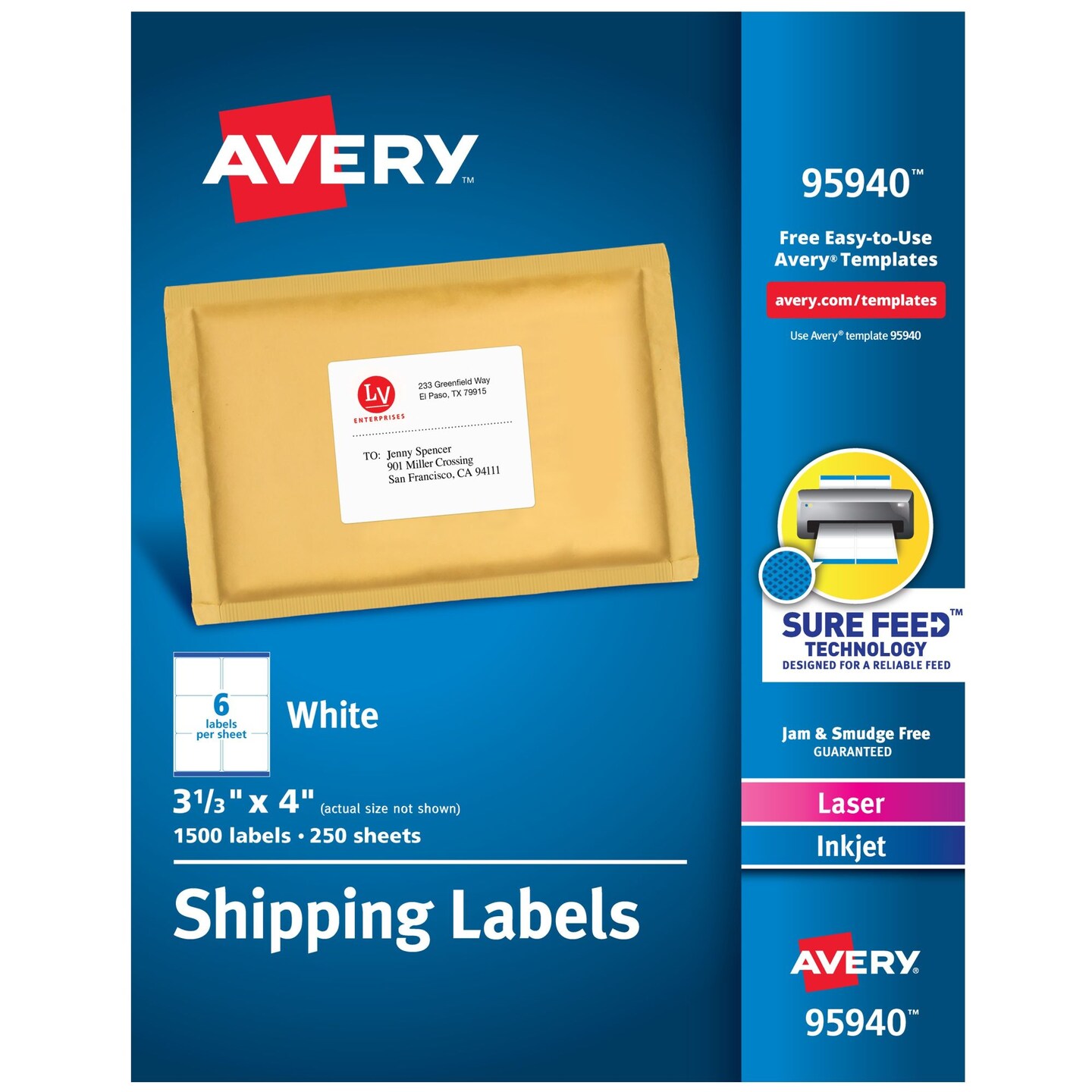 Avery Bulk Shipping Labels, 3-1/3 x 4 Inches, White, Pack of 1500