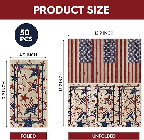 50 Disposable Paper Decorative Guest Napkins, 4th of July Patriotic Independence Day Vintage American Star Memorial Day Hand Towel for Party Lunch Dinner Kitchen Bathroom