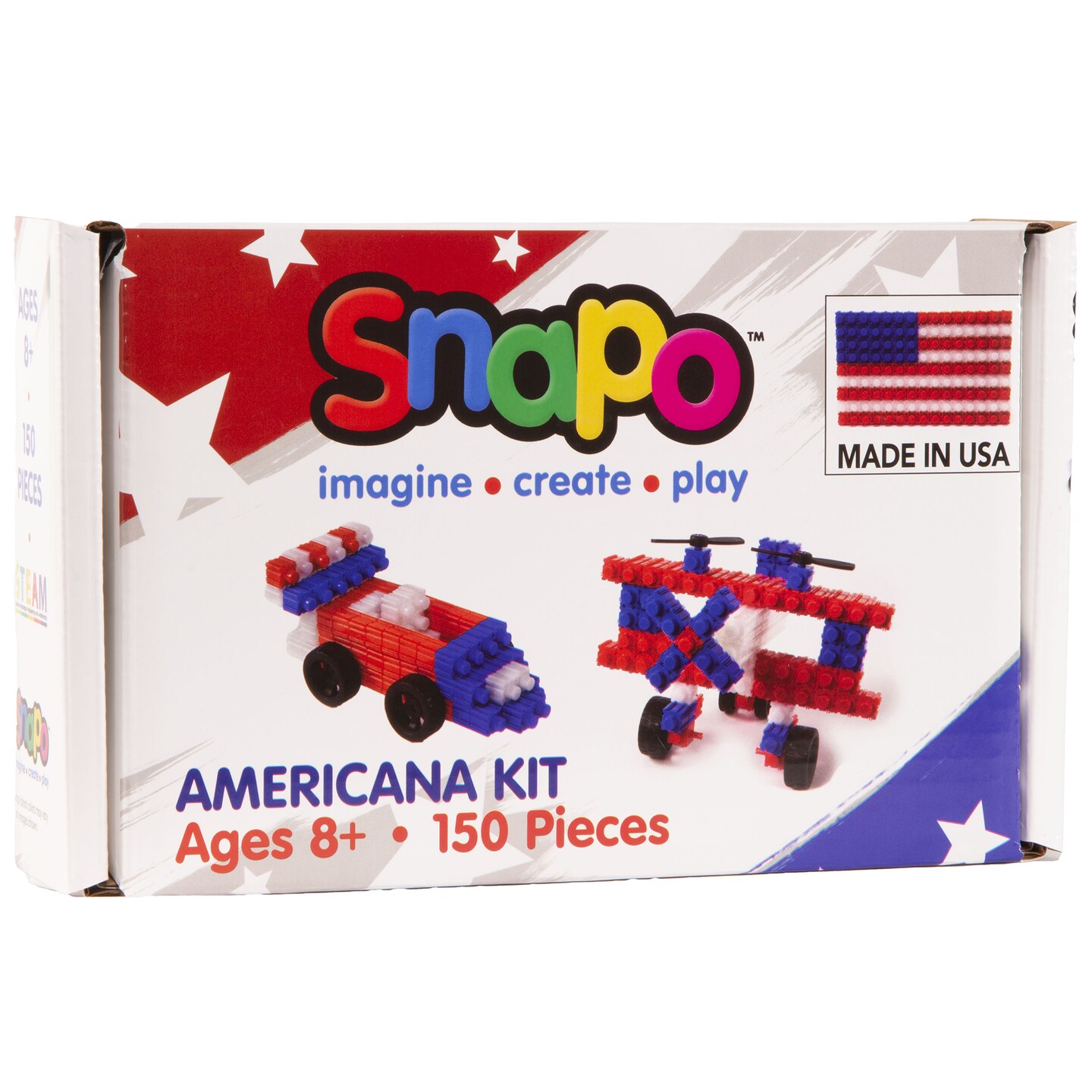 Snapo: Americana Kit - 150 pcs - Red-White-Blue Blocks &#x26; Wheels, Connect On All 6 Sides, 3D Building Toy, Snap-Slide-Rotate, Construction, Kids Age 3+