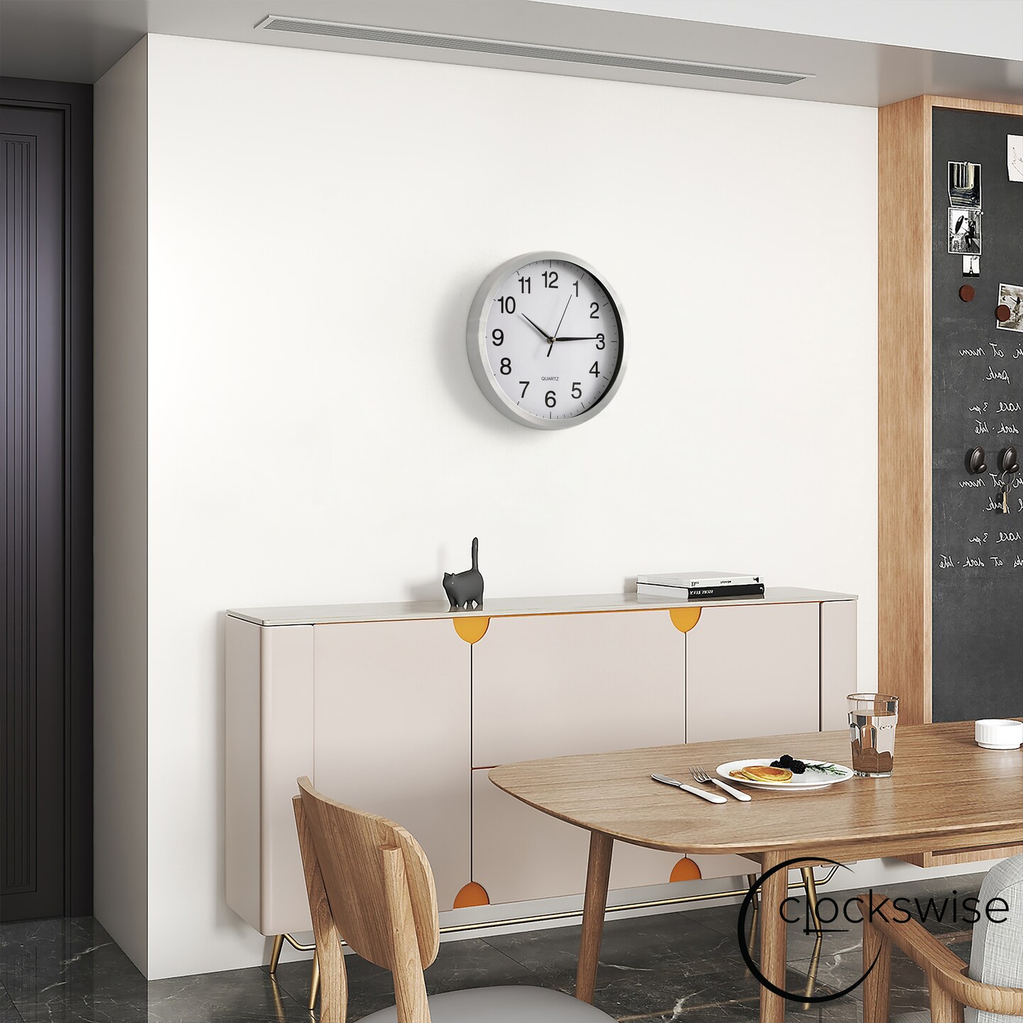 Clockswise Round Quartz Wall Clock Non-Ticking Battery Operated with Silent Sweep Movement, Aluminum Silver Frame, Perfect for Home Kitchen Office Living Room Study Hallway Classroom, Black Face