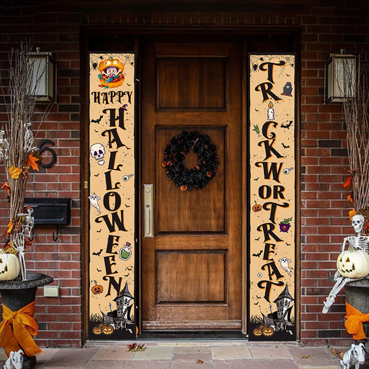 2Pcs Trick Or Treat Halloween Banner Decorations Flag Haunted House Pumpkin Pattern Door Banners Porch Sign Banner