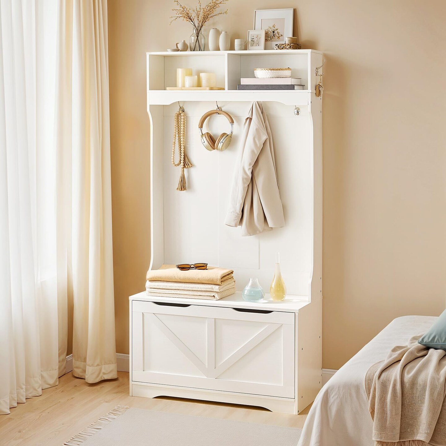 White Entryway Hall Tree with Shoe Bench, 6 Hooks, Storage Cabinet