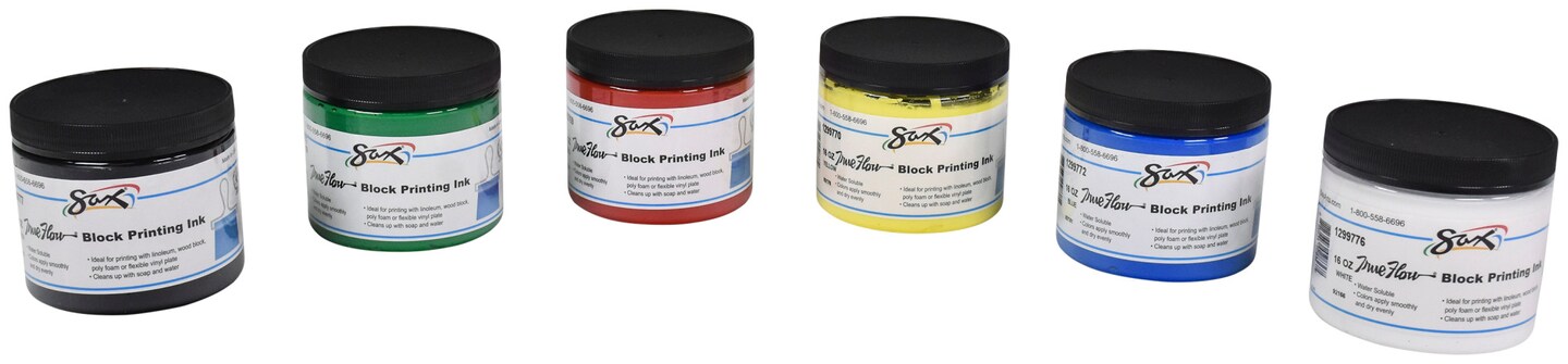Sax Water Soluble Block Printing Ink, Pint Jars, Assorted Colors, Set of 6
