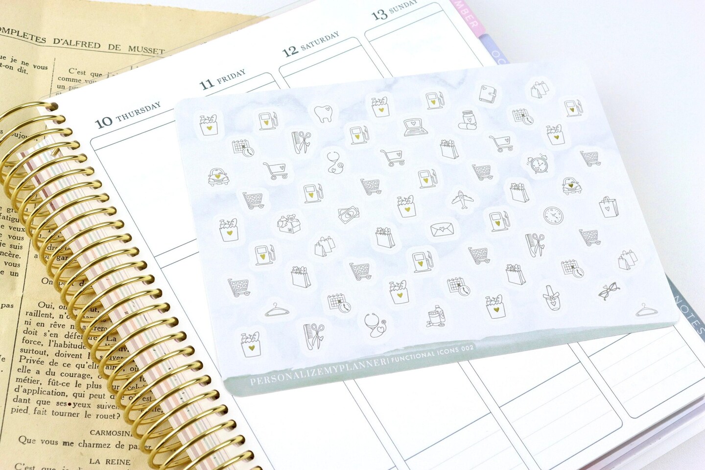 product name is Functional Planner Icon Stickers, 64 Stickers, errands, appointment, gas, shopping cart, grocery store, dentist, doctor, shopping