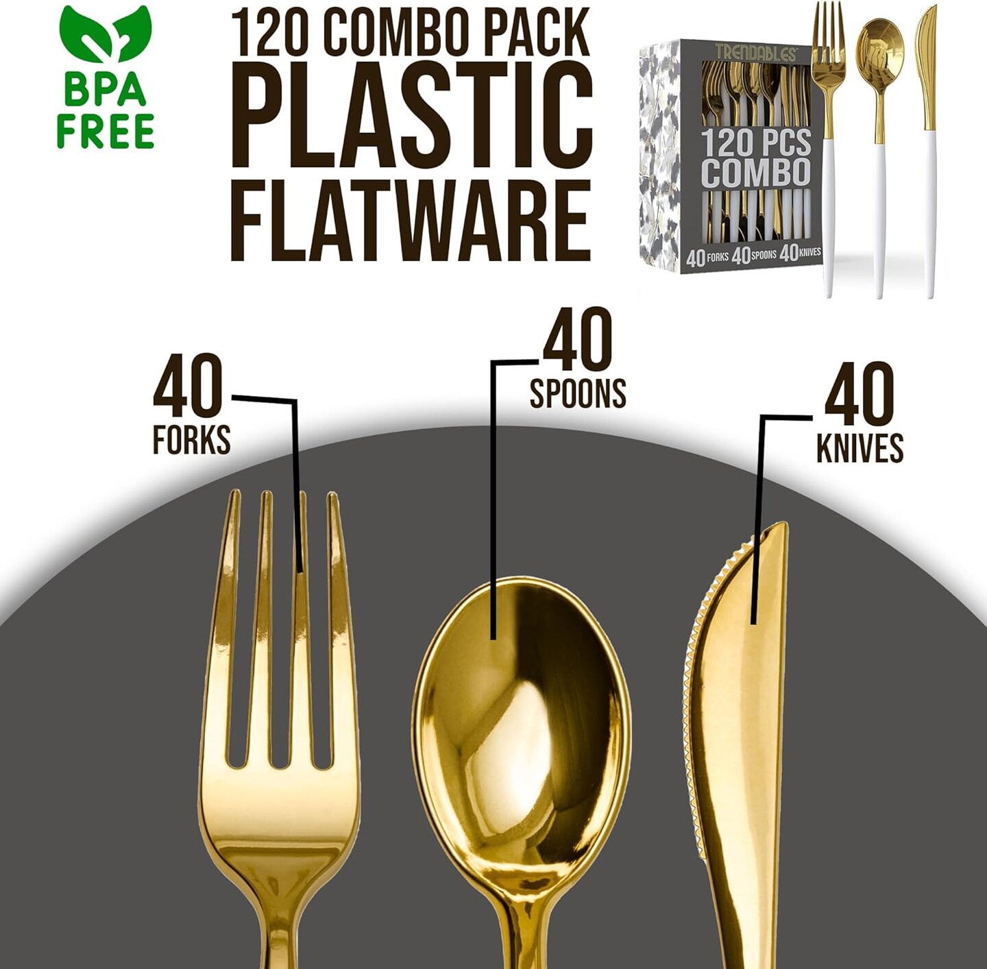 Trendables Disposable Silverware Set - Wedding Plastic Cutlery Dinnerware - Includes two toned Forks, Plastic Spoons, two colored Knives - reflective Plastic Utensils Party Set