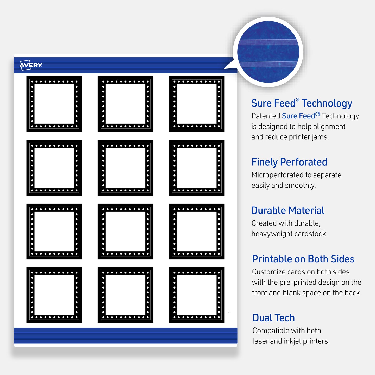 Avery Printable Square Cards, Black and White Polka Dots, 2&#x22; x 2&#x22;, Matte White Square Cards, Laser/Inkjet, 120ct, Great for Business Cards