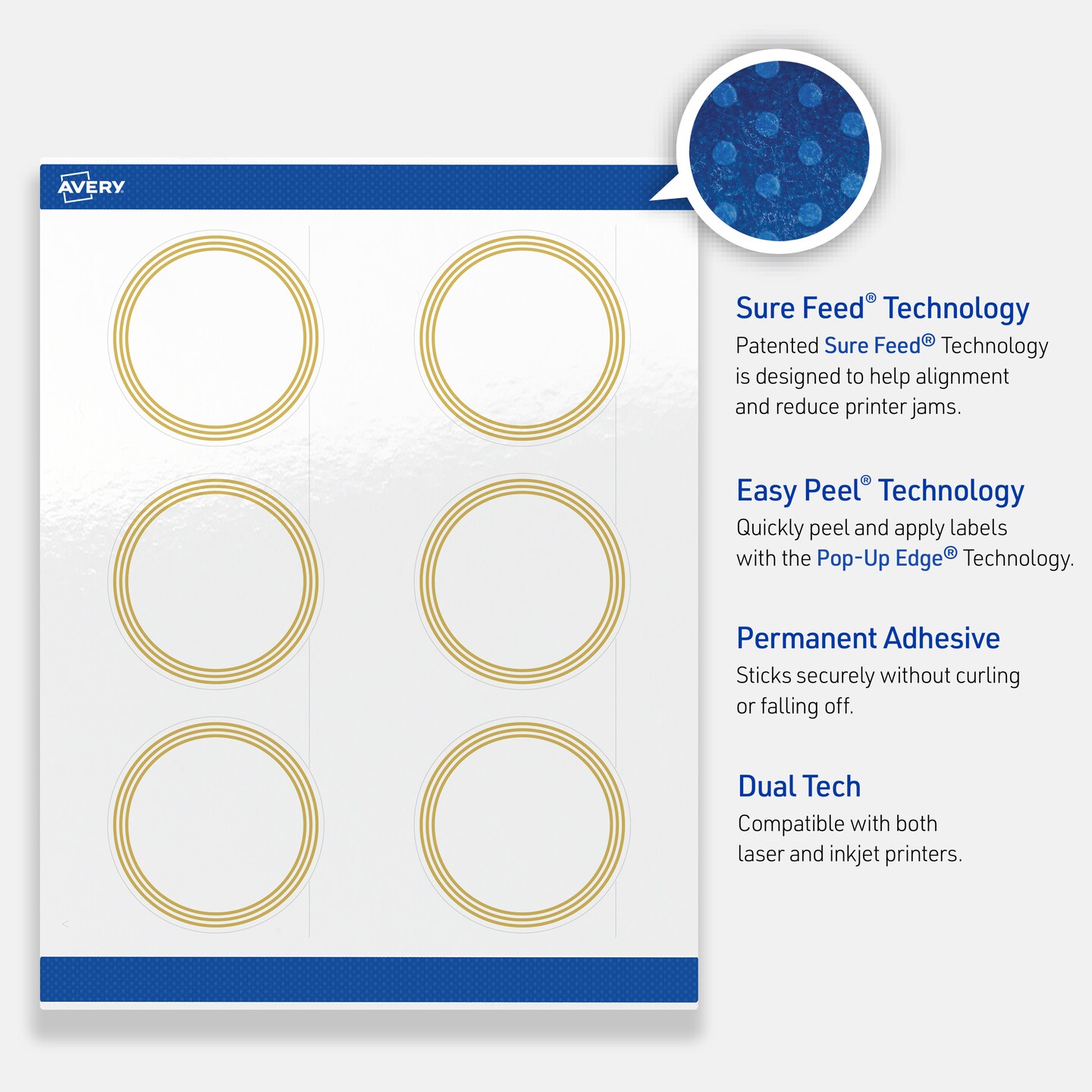 Avery Printable Round Labels, Gold Multi-Lined Border, 3&#x22; Diameter, Glossy White Round Labels, Permanent, Laser/Inkjet, 60ct, Great for Product Labels