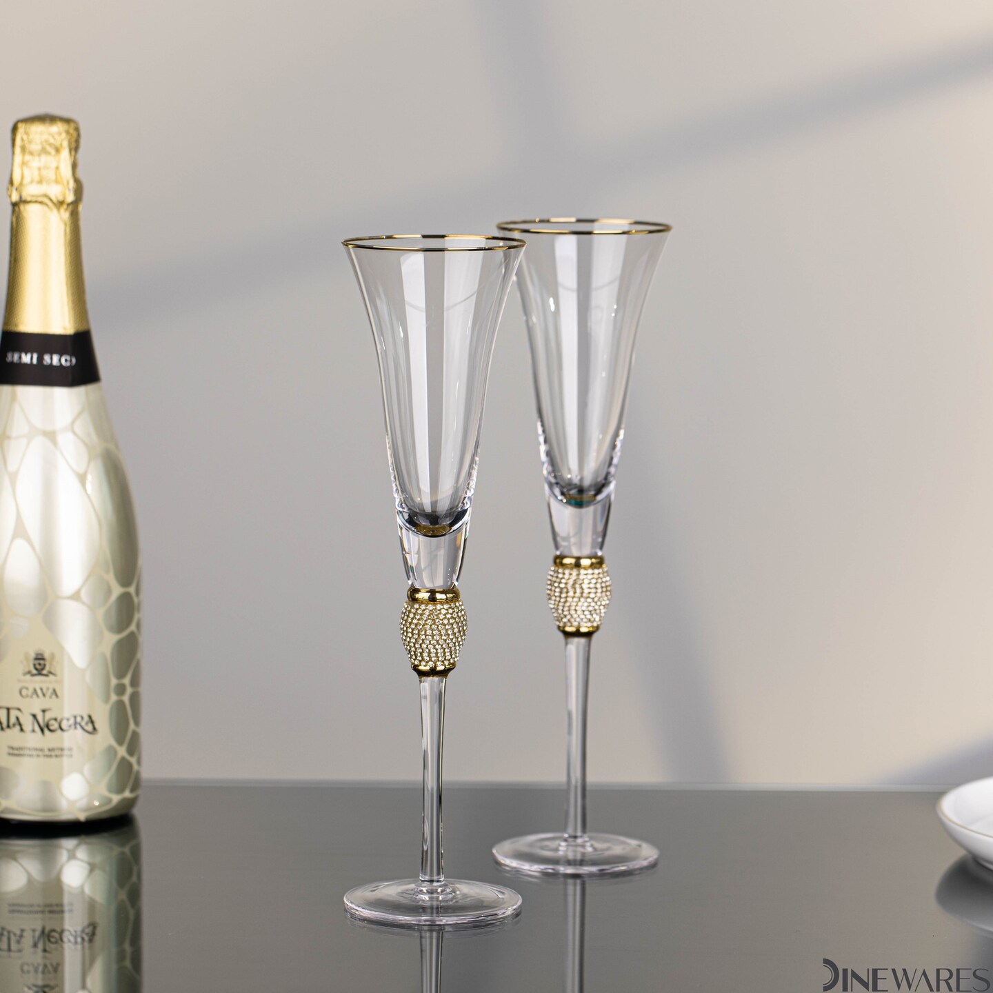 Elegant Crystal Set Wedding Champagne Glasses with Diamond Rhinestone Accents and a Polished Rim - 11 in Tall with Slender Long Stems, 7 oz - Chic Toasting Set for the Bride and Groom