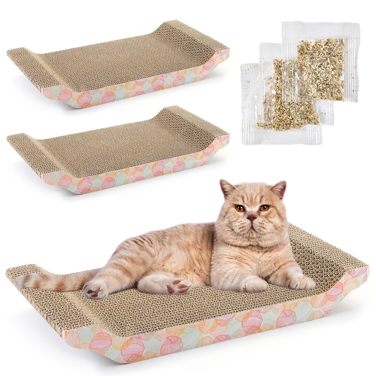 3-Pack Cat Scratcher Bed for Furniture Protection, Training, Indoor Kittens, Reversible Corrugated Cardboard, Modern Sofa Scratching Pad with 3 Catnip Bags (16.75*8*2.4 inches)