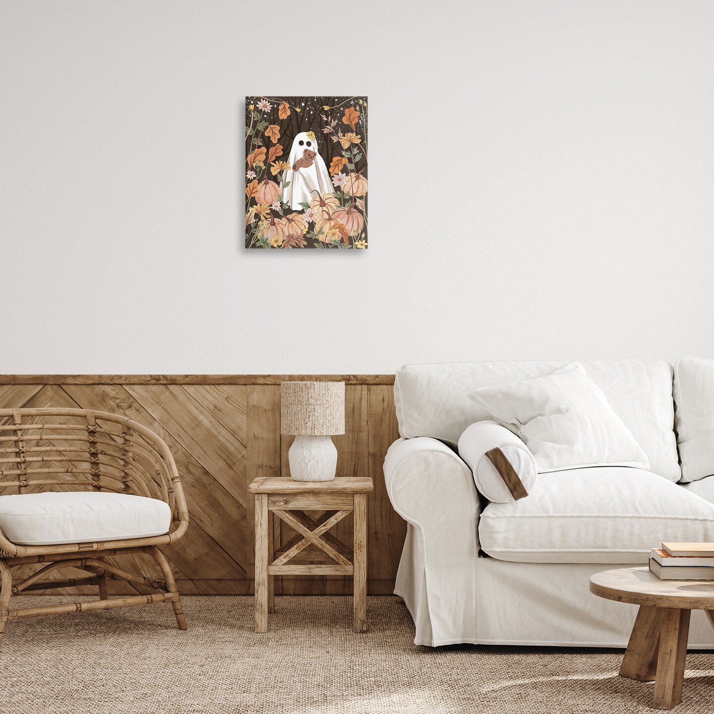 Stupell Industries Pumpkins & Ghost with Teddy Bear Canvas By Melissa Wang