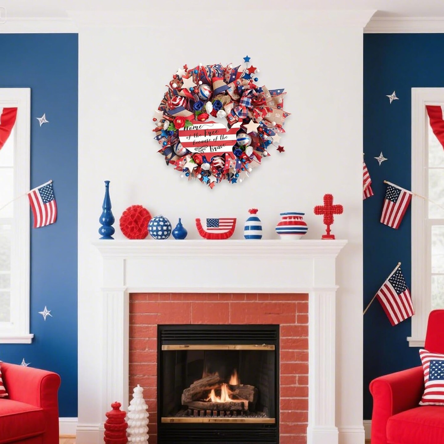 20-inch Fourth of July Wreath American map Patriotic Wreath Front Door Independence Day Handmade Wreaths Red White Blue Flashing Ball Bow Gauze net Decorative Memorial Day Home Decoration