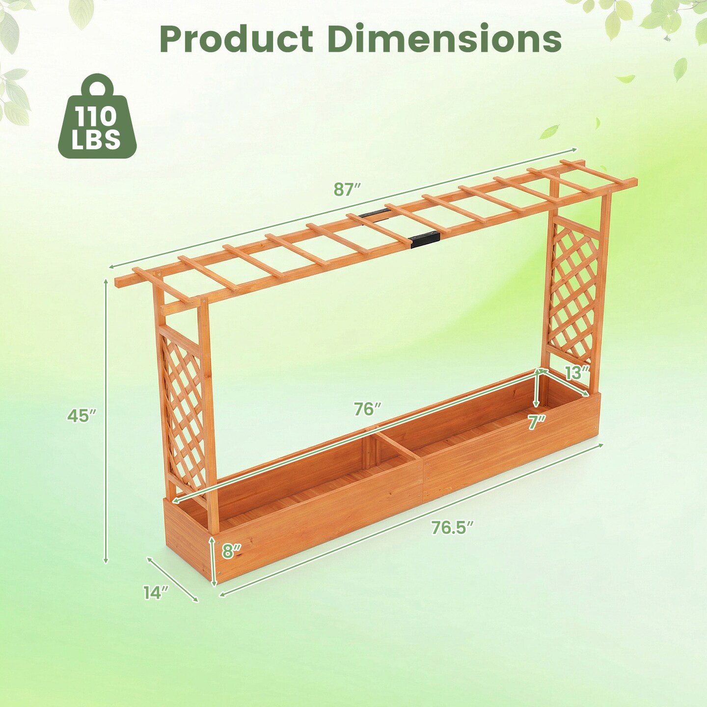 45" Wooden Elevated Garden Planter with Side Trellis, Roof and Drainage System