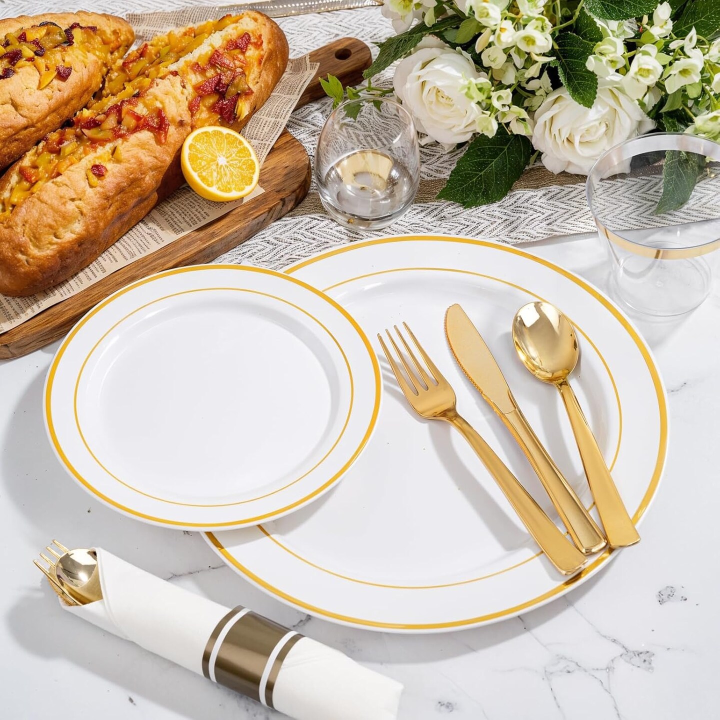 350Pcs White and Gold Plastic Plates for 50 Guests - Plastic Dinnerware Set, Includes 100 Gold Plates, 150 Silverware, 50 Napkins, 50 Cups for Party, Disposable Plates for Party