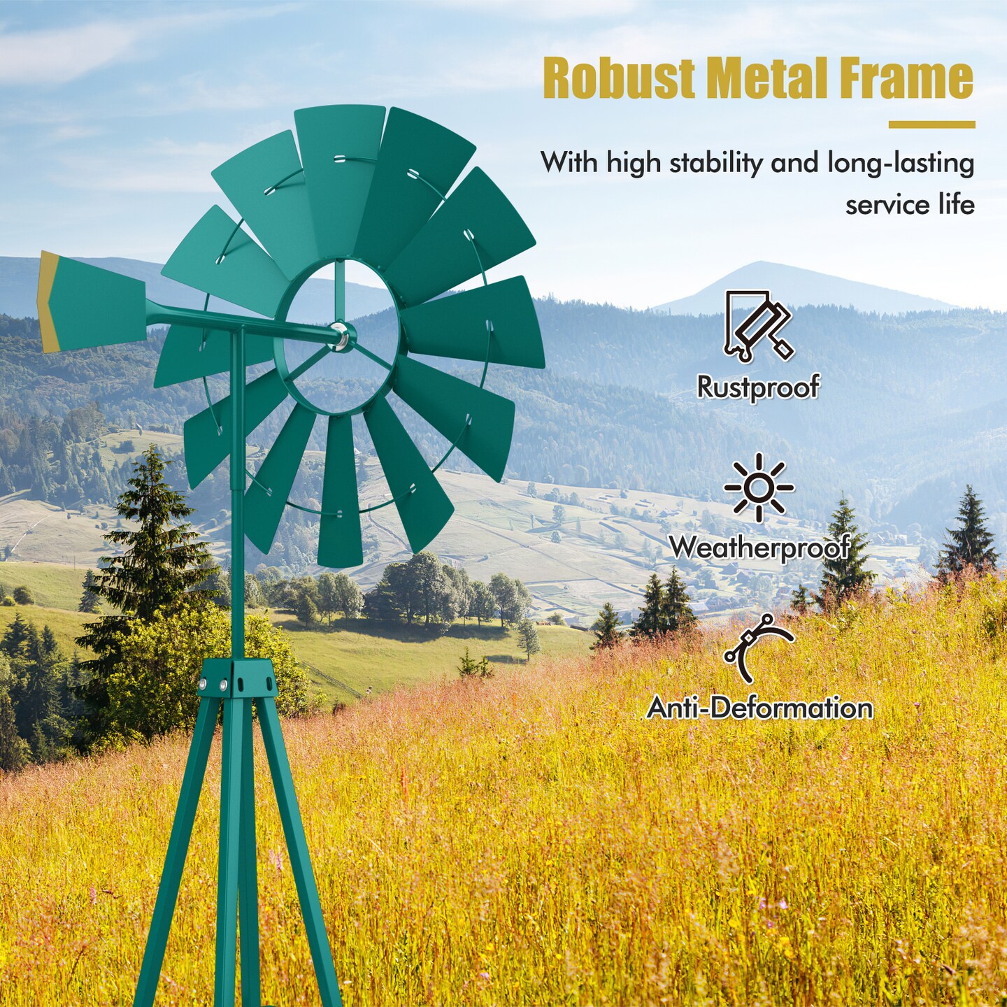 Sturdy 8 Feet Metal Windmill Outdoor Garden Decoration with Rotating Blades