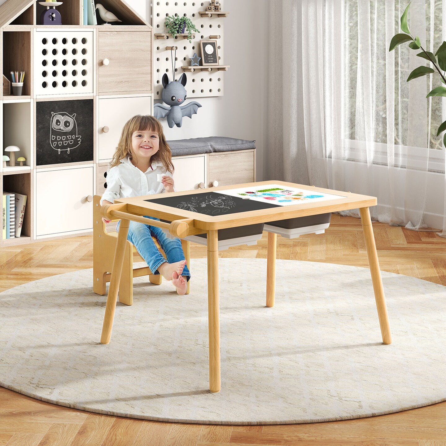 Multi-Function Kids Table and Chair Set with Chalkboard and Whiteboard