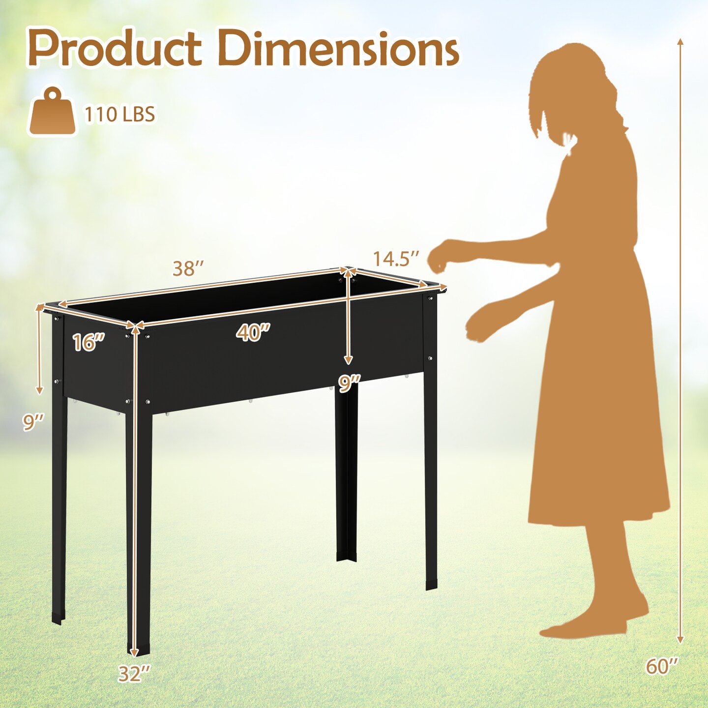 Black Outdoor Raised Garden Bed with Sturdy Metal Frame and Built-in Drainage Hole and Anti-Slip Pads