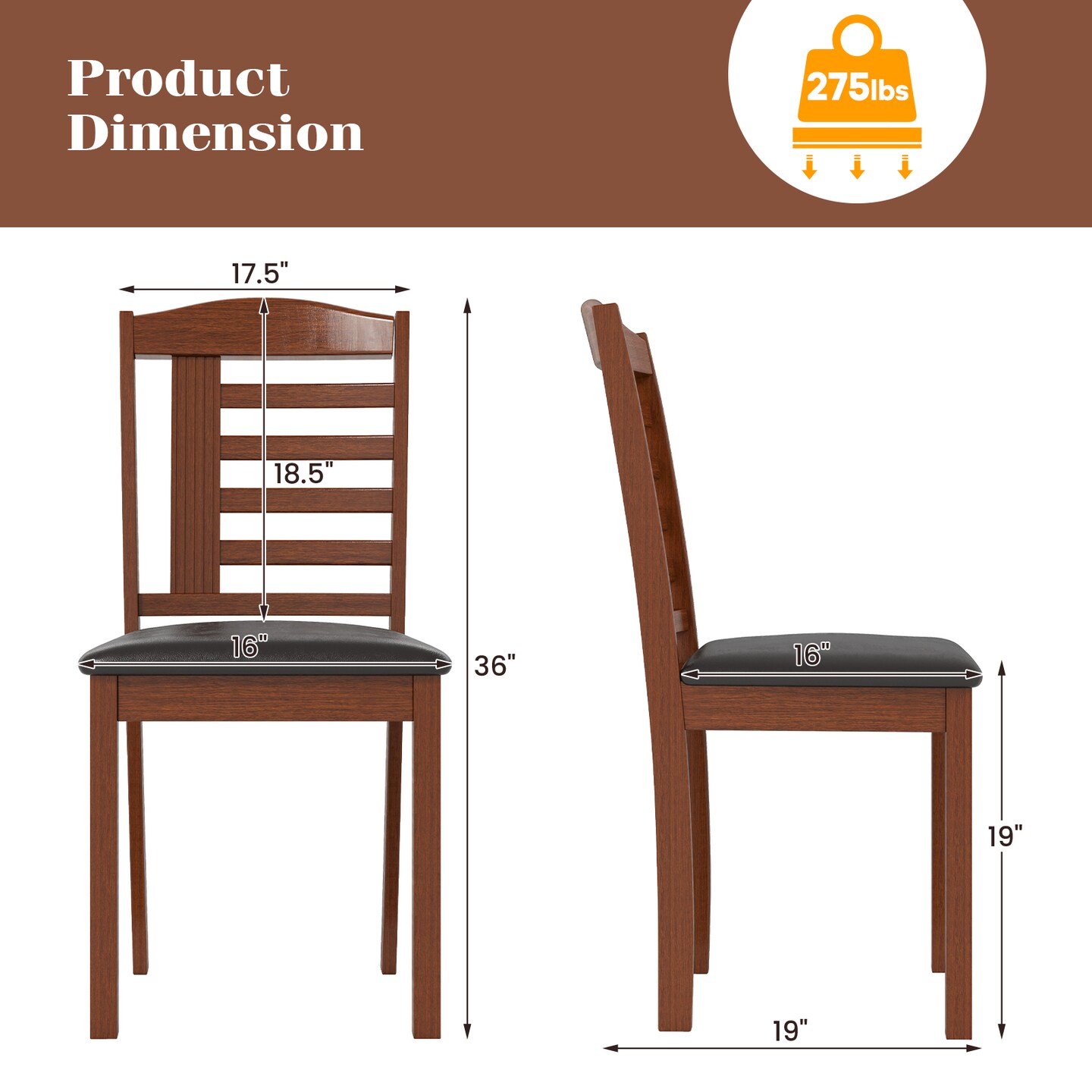 Set of 2 Classic Wood Kitchen Chairs with Cushioned Faux Leather Seats