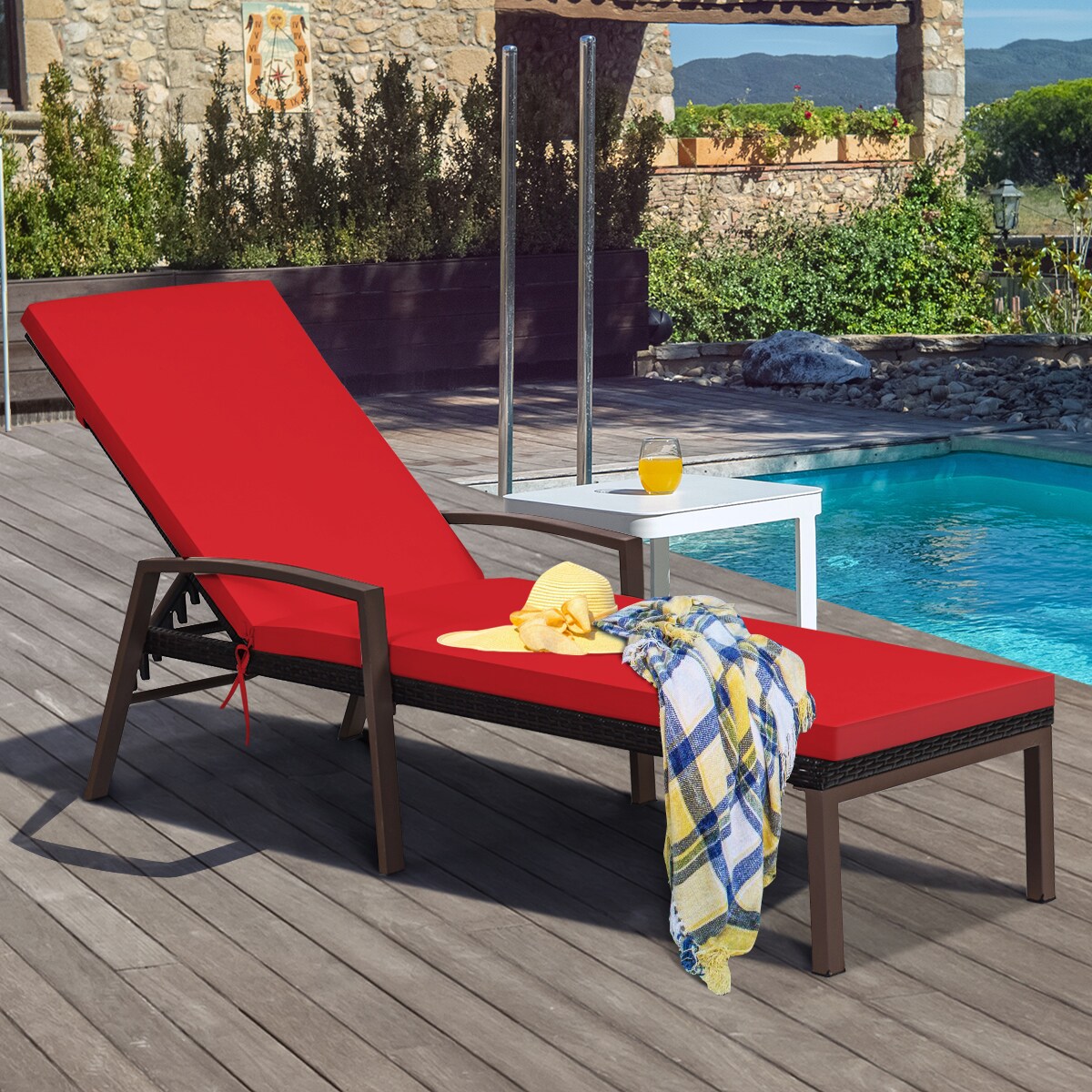 Outdoor Rattan Reclining Chaise Lounge Chair Set with Cushions and Adjustable Backrest