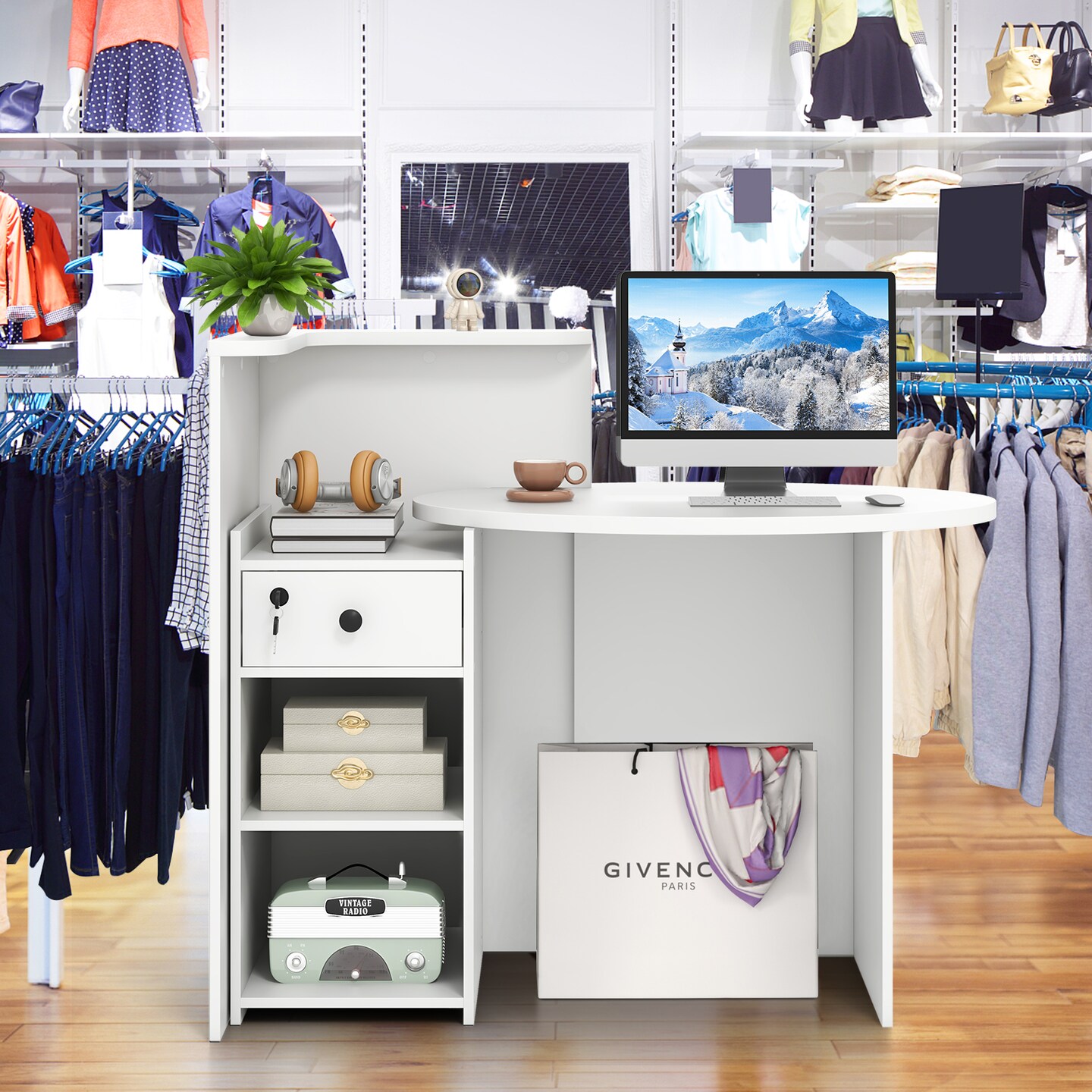 Reception Office Desk with L-Shaped Shelf, Drawer and Adjustable Storage