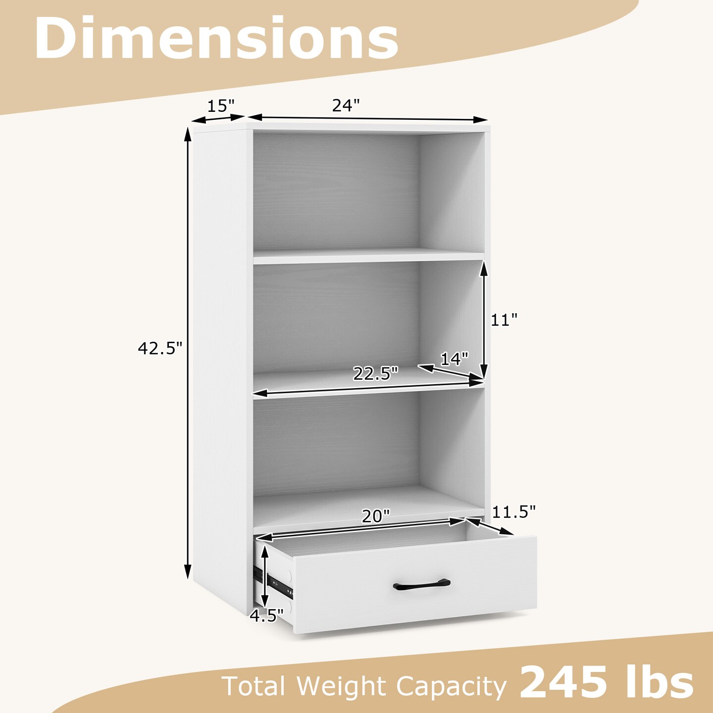 Storage Bookshelf with Drawer and 3 Open Shelves for Study or Bedroom