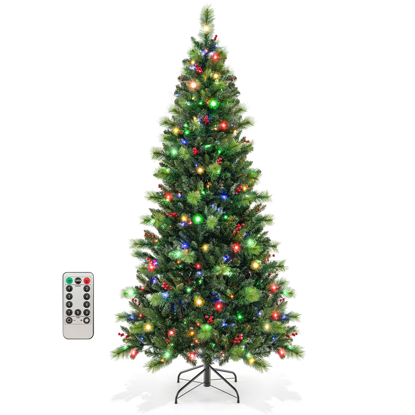 Green Pre-Lit Artificial Christmas Tree with LED Lights, Red Berries and Hinged Branches