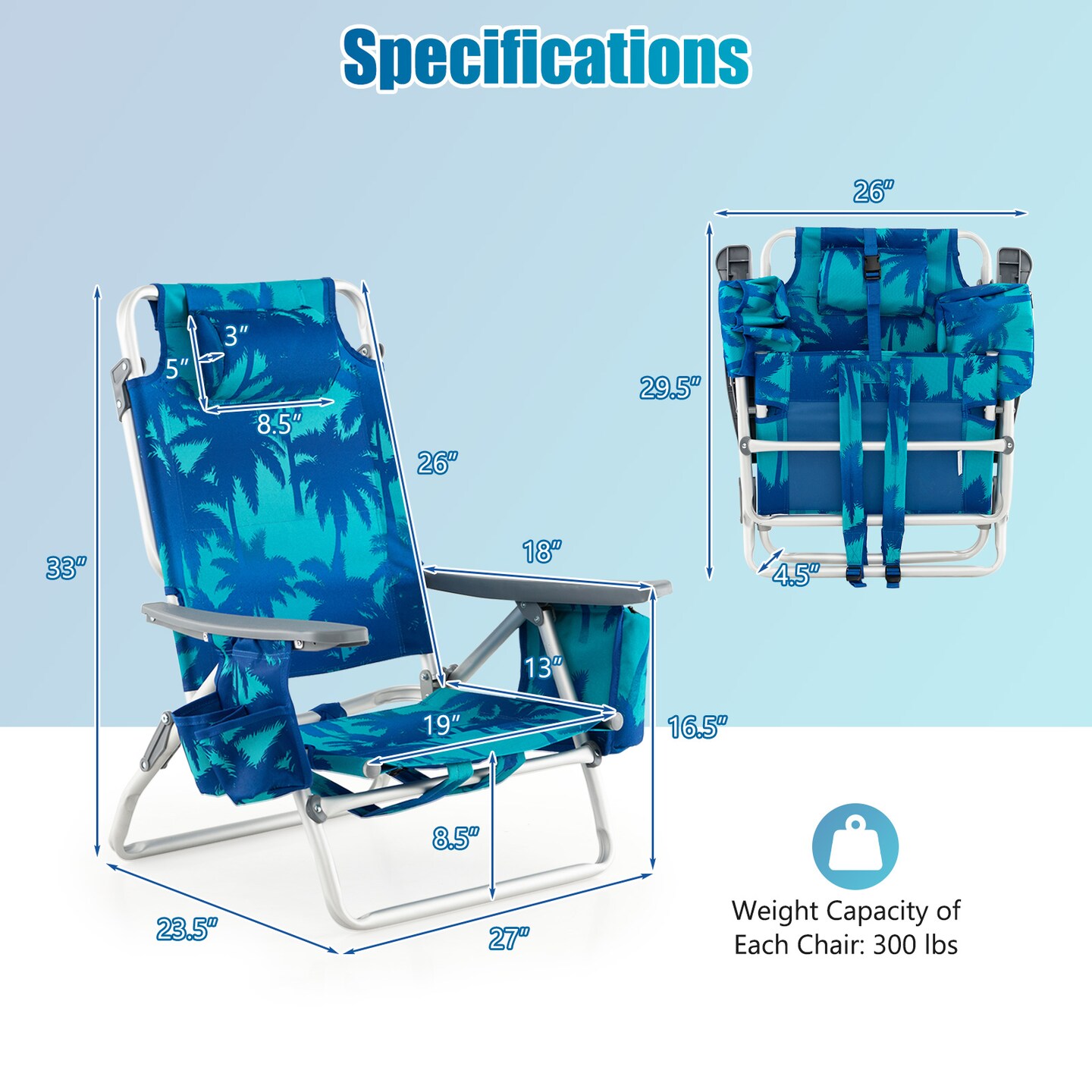 2 Pieces 5-Position Reclining Outdoor Folding Chairs with Cup Holder and Extra Storage Ideal for Beach or Camping