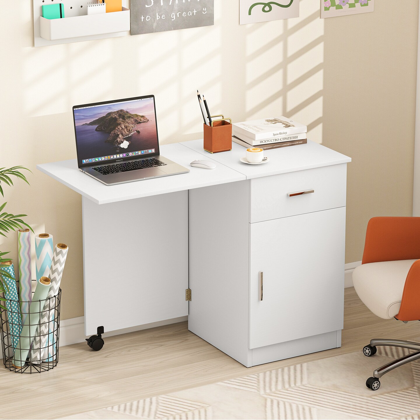 Compact Folding Desk with Cabinet and Drawer for Small Spaces and Office Use