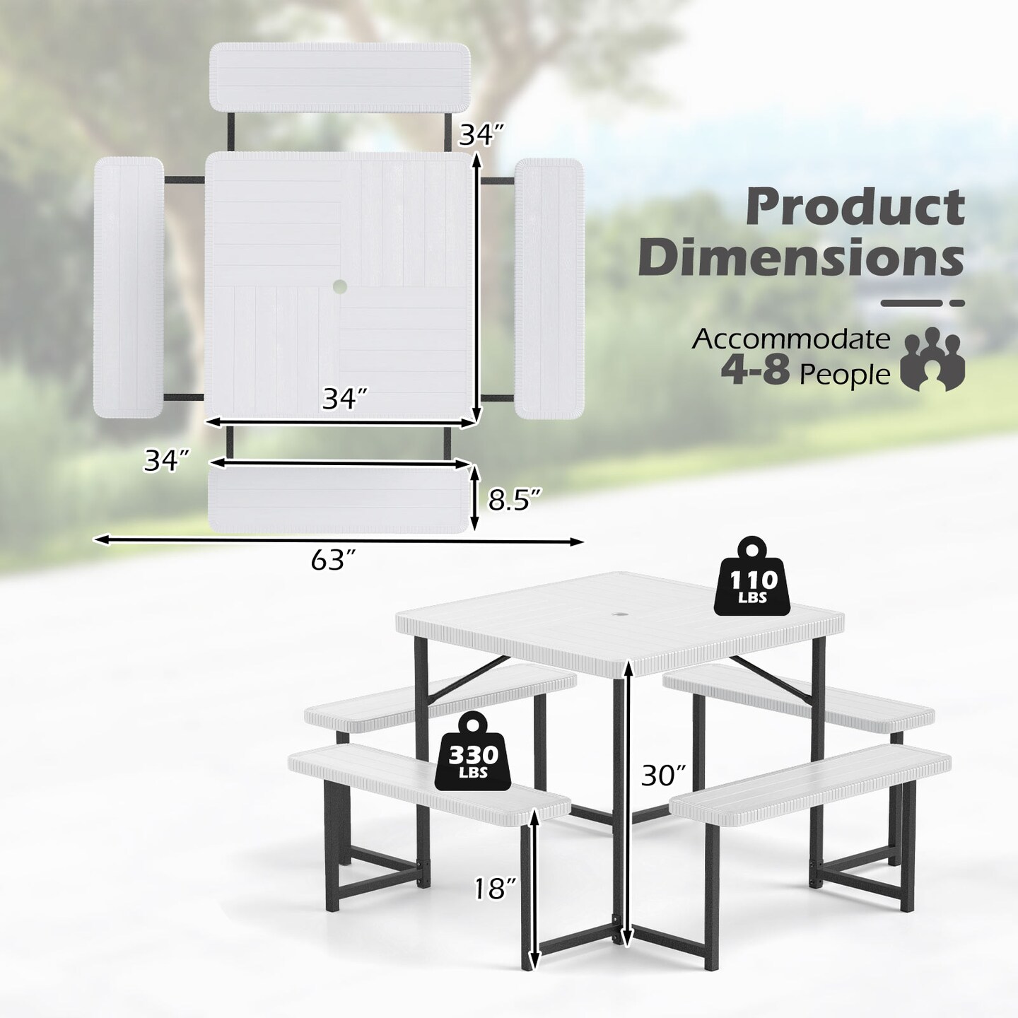 Outdoor Picnic Table Set for 4-8 with Umbrella Hole and Weatherproof Benches
