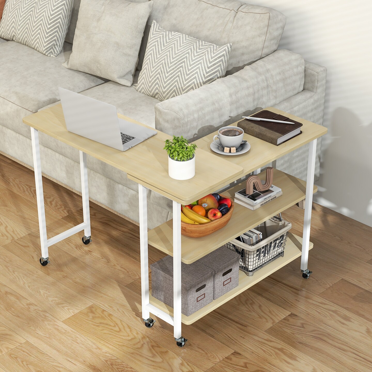 Space-Saving Sofa Side Table with Rotating Top 2 Open Shelves and 6 Locking Casters for Home Office