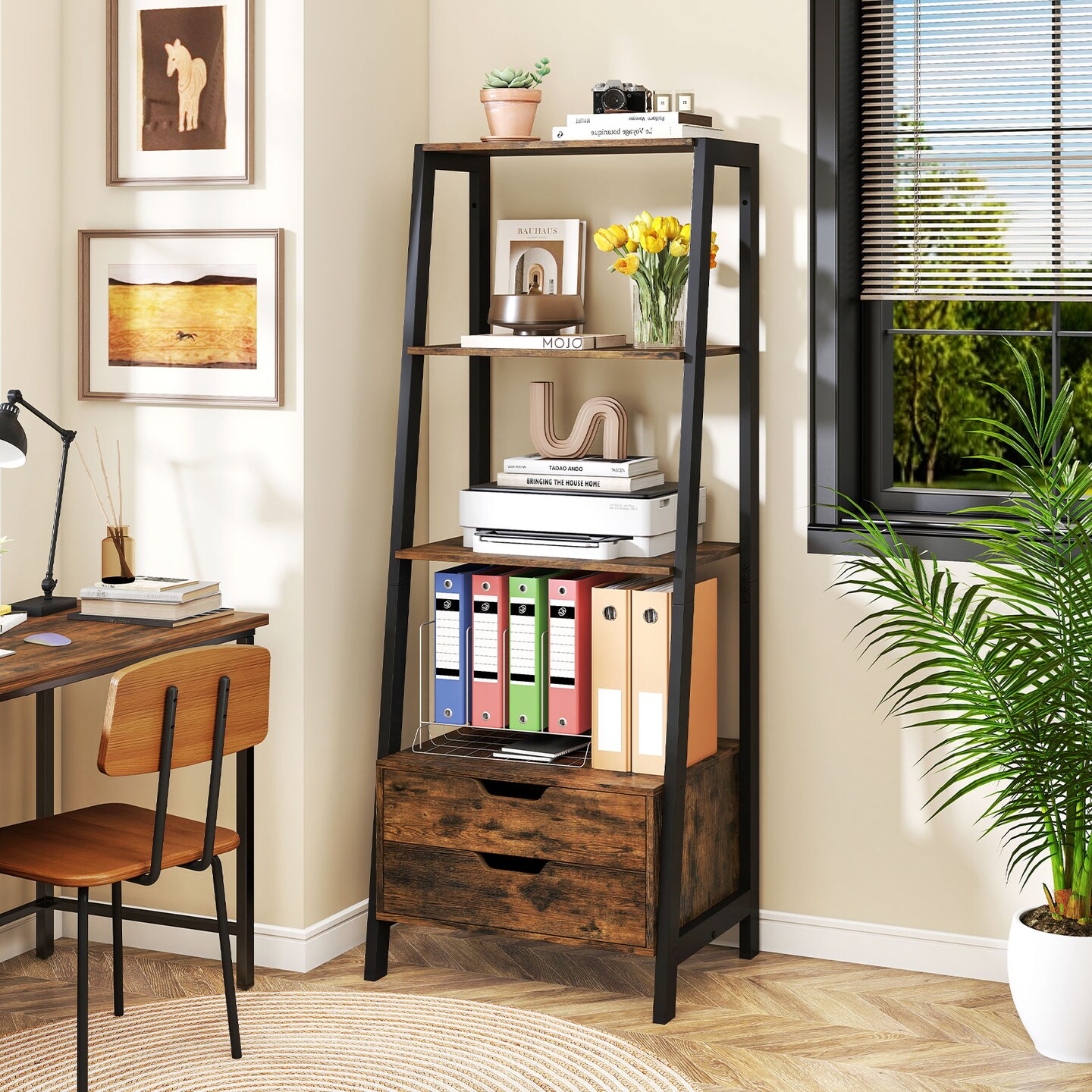 Modern 4-Shelf Ladder Bookcase with Drawers and Sturdy Metal Frame for Living Room or Kitchen