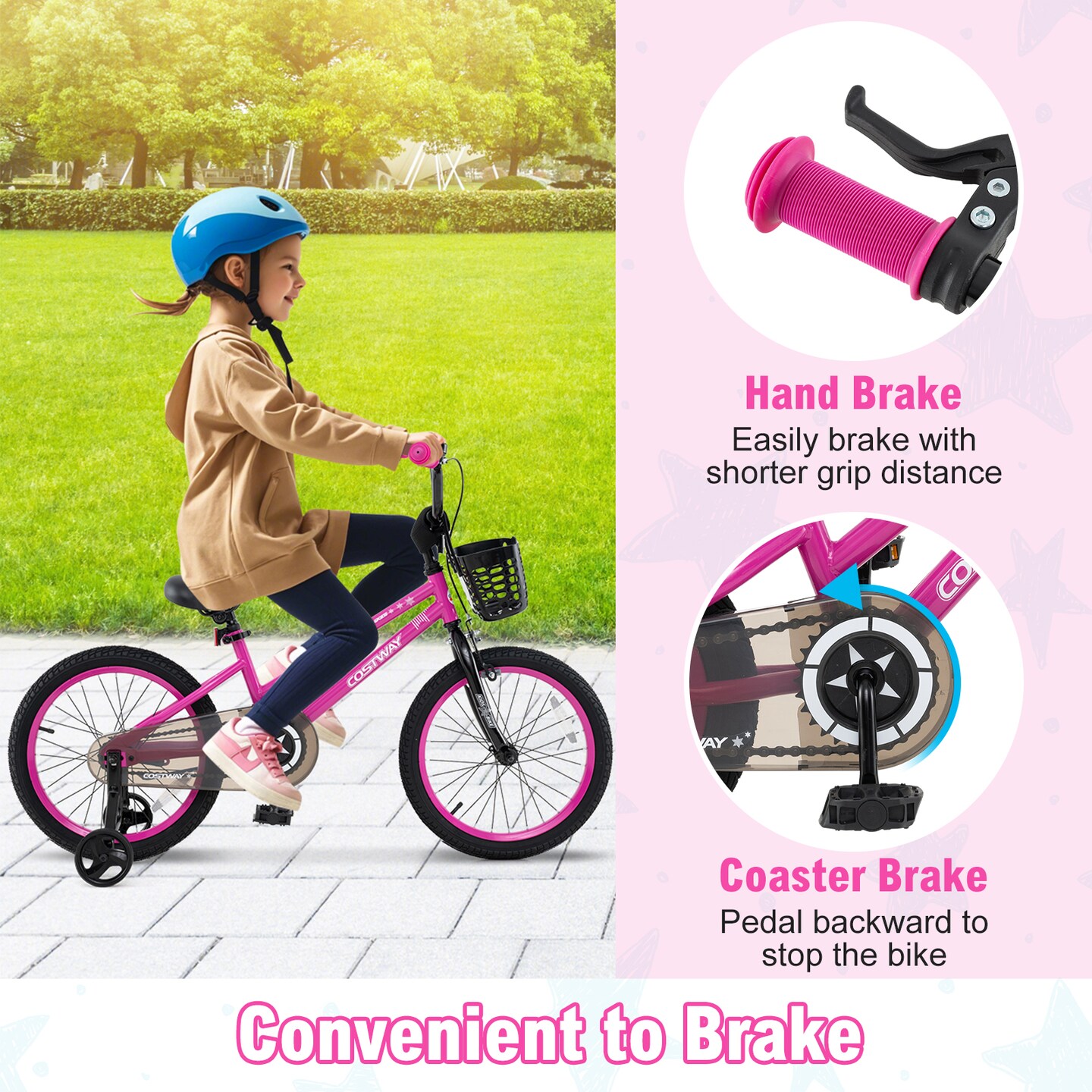 Adjustable Kids Bicycle with Hand Coaster Brake and Basket Training Wheels Perfect Gift for Girl or Boy