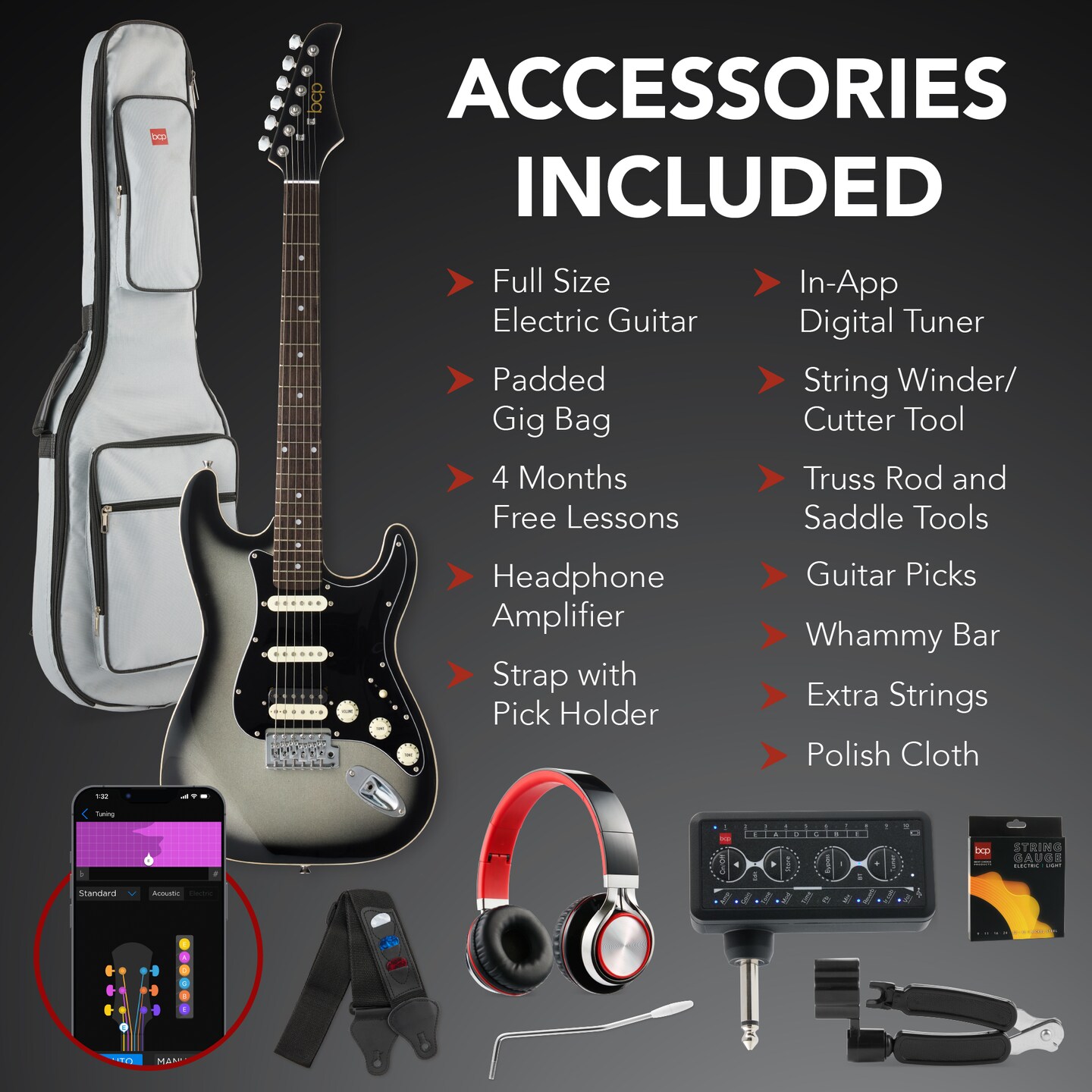 Best Choice Products Beginner Electric Guitar Kit w/ Headphone Amp, Padded Gig-Bag, Headphones