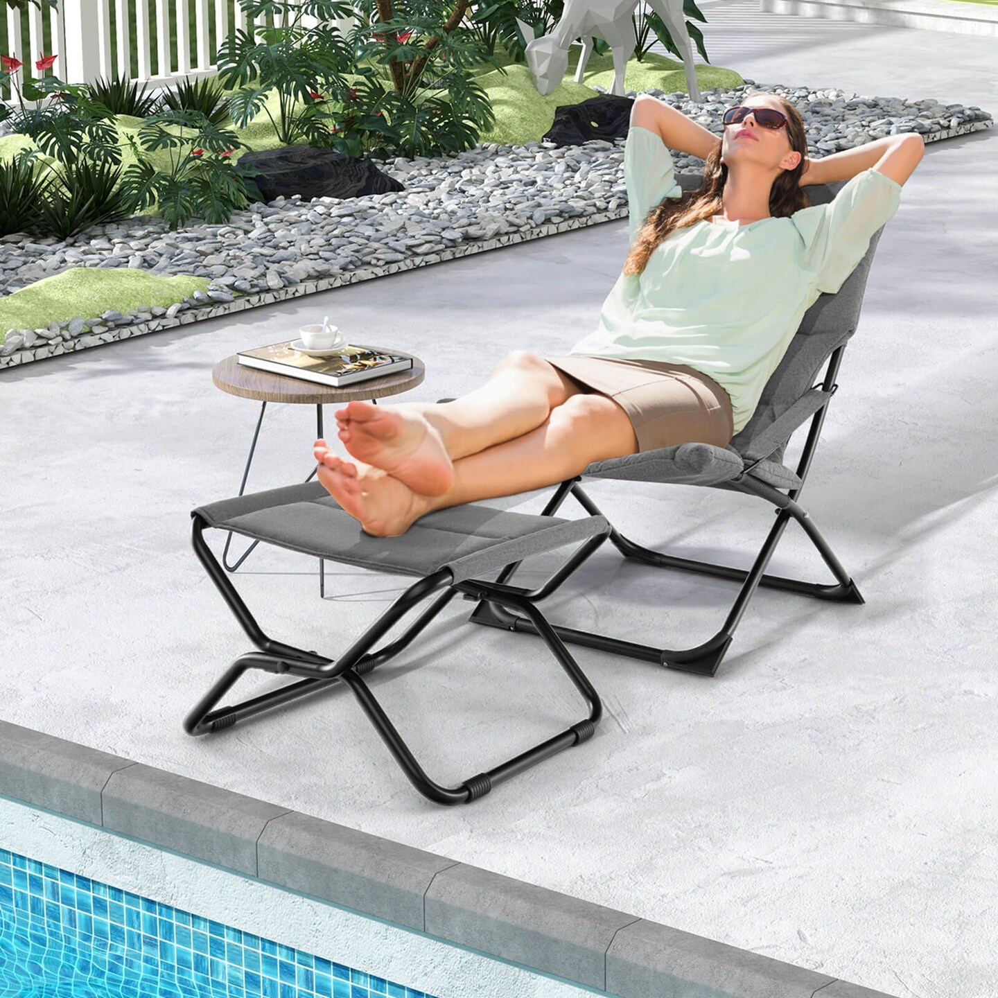 Costway Patio Folding Sling Chair with Ottoman Footrest & Removable Cushion Ottoman Set