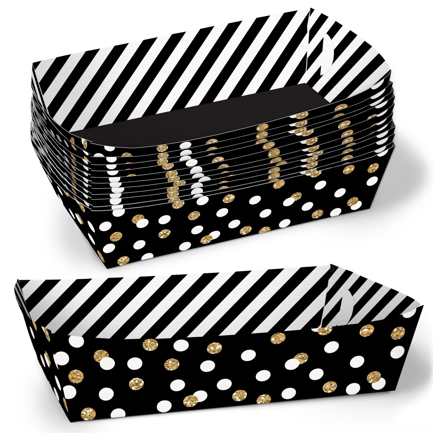 Big Dot of Happiness Black &#x26; Gold Party Paper Food Trays, Disposable Double-Sided Paper Food Holders for Nachos, Hot Dogs, French Fries - 12 Ct