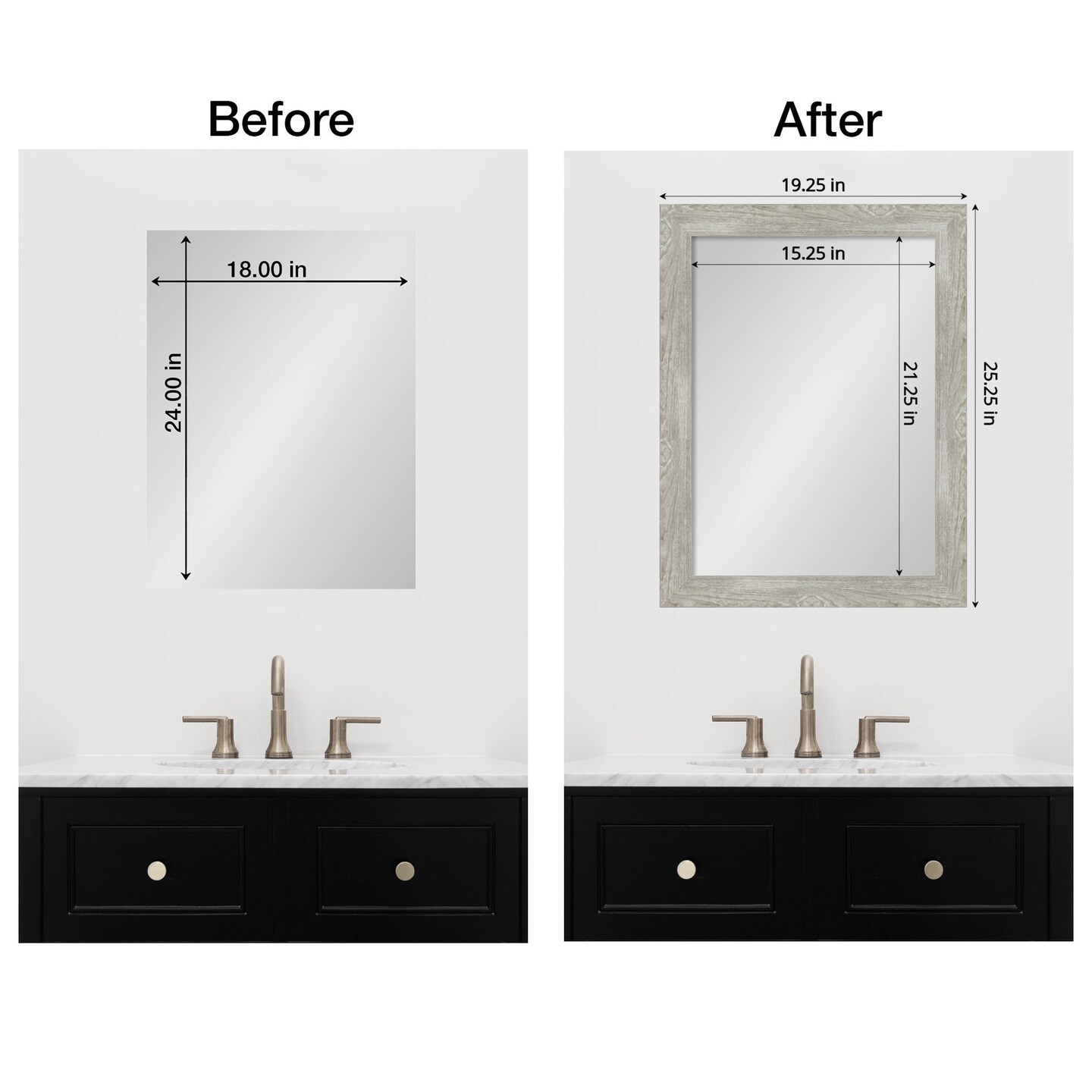 Amanti Art Mirror Makeover Bathroom Mirror Frame Border Kit - Fully Assembled Peel and Stick Frame - Mirror NOT Included - Dove Greywash Narrow Trim