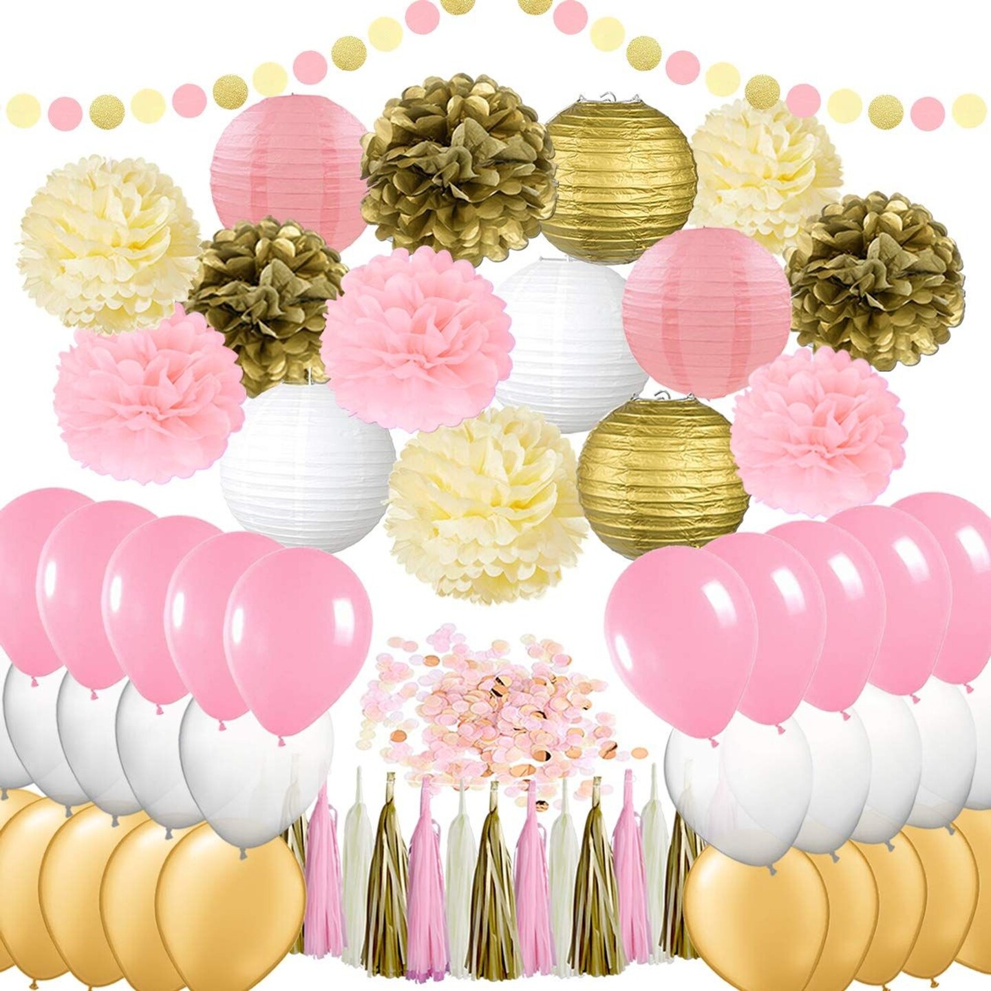EpiqueOne 62 Pc Party Supplies Kit - Pink and Gold Party Supplies - Elegant Party Decorations Birthday &#x26; Engagement Party Decorations &#x26; Unicorn Party Supplies Kit- Includes Balloons, Pom Pom, Lanterns