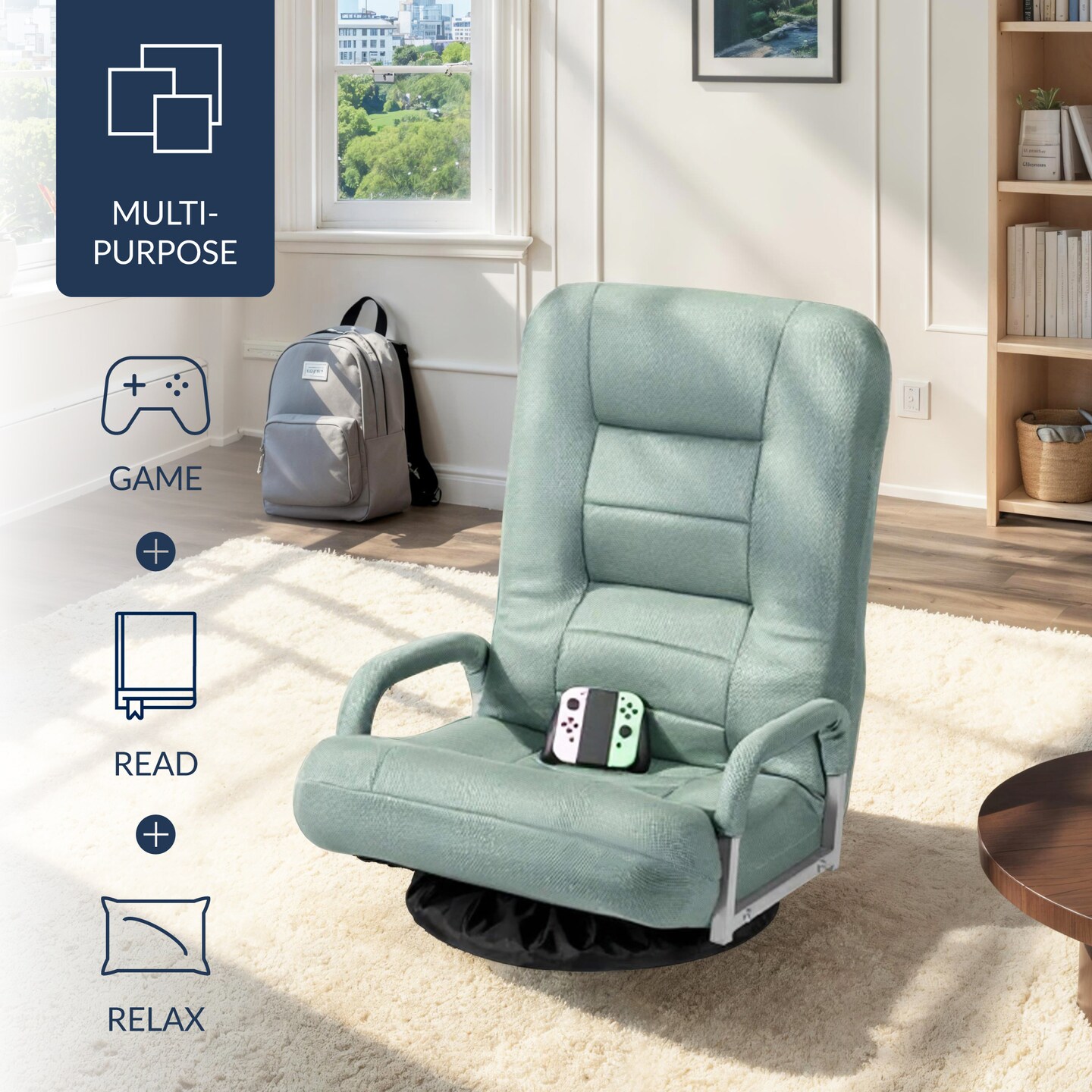 Best Choice Products 360-Degree Swivel Gaming Floor Chair w/ Armrest Handles, Foldable Adjustable Back