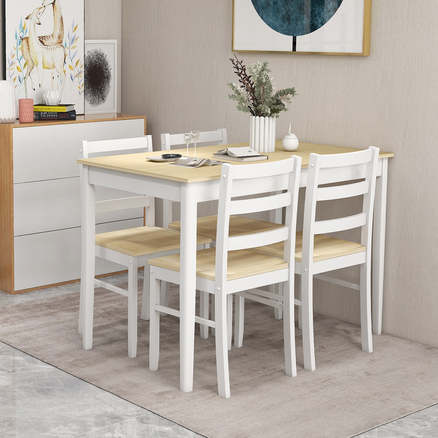 Costway 5-Piece Dining Set Solid Wood Kitchen Furniture with Rectangular Table &#x26; 4 Chairs Natural/Coffee/Grey