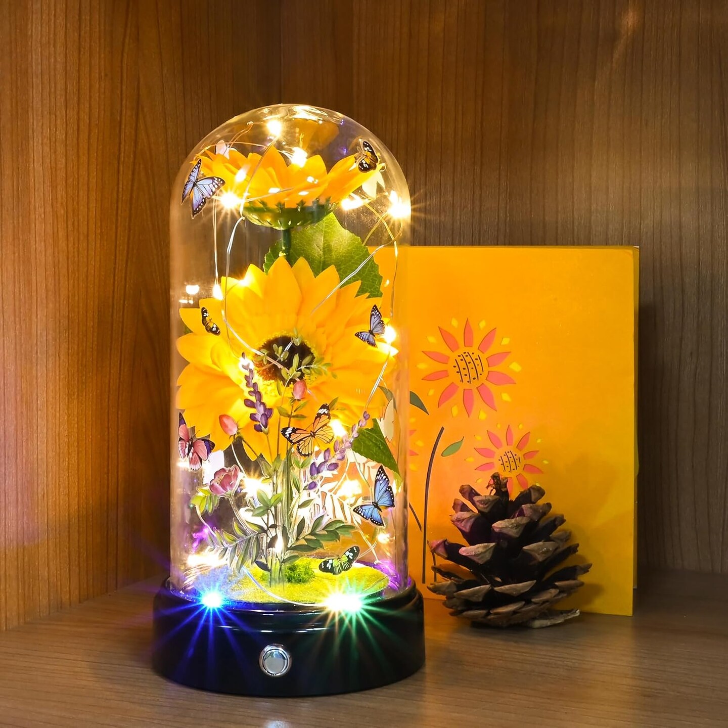 Sunflower Gifts for Women,Yellow Artificial Sunflowers with LED Light in Glass Dome,Cute Sunflower for Christmas,Birthday, Mother's Day, Valentine's Day