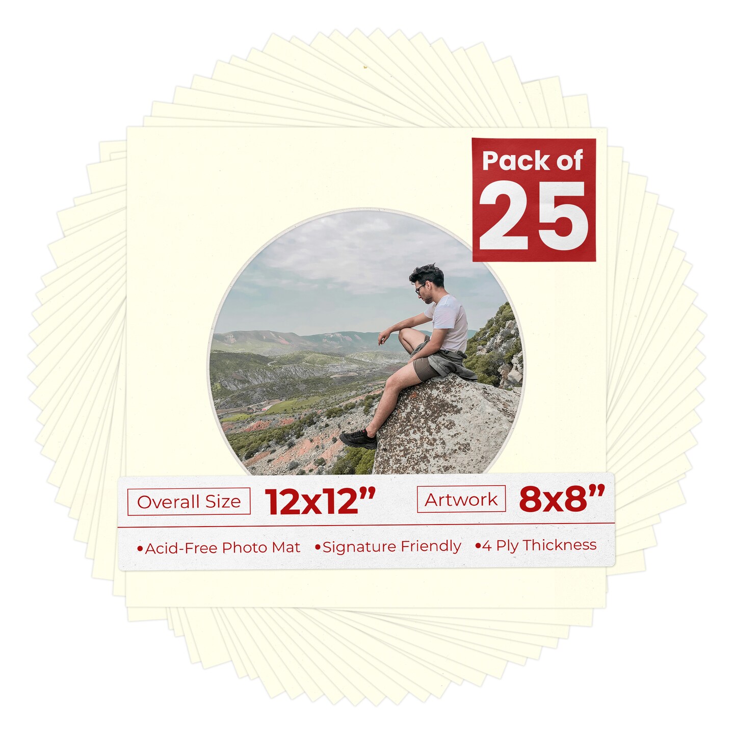 Cream Linen Mat Board for 12x12 Frames - Circle Opening for 8x8 Photos