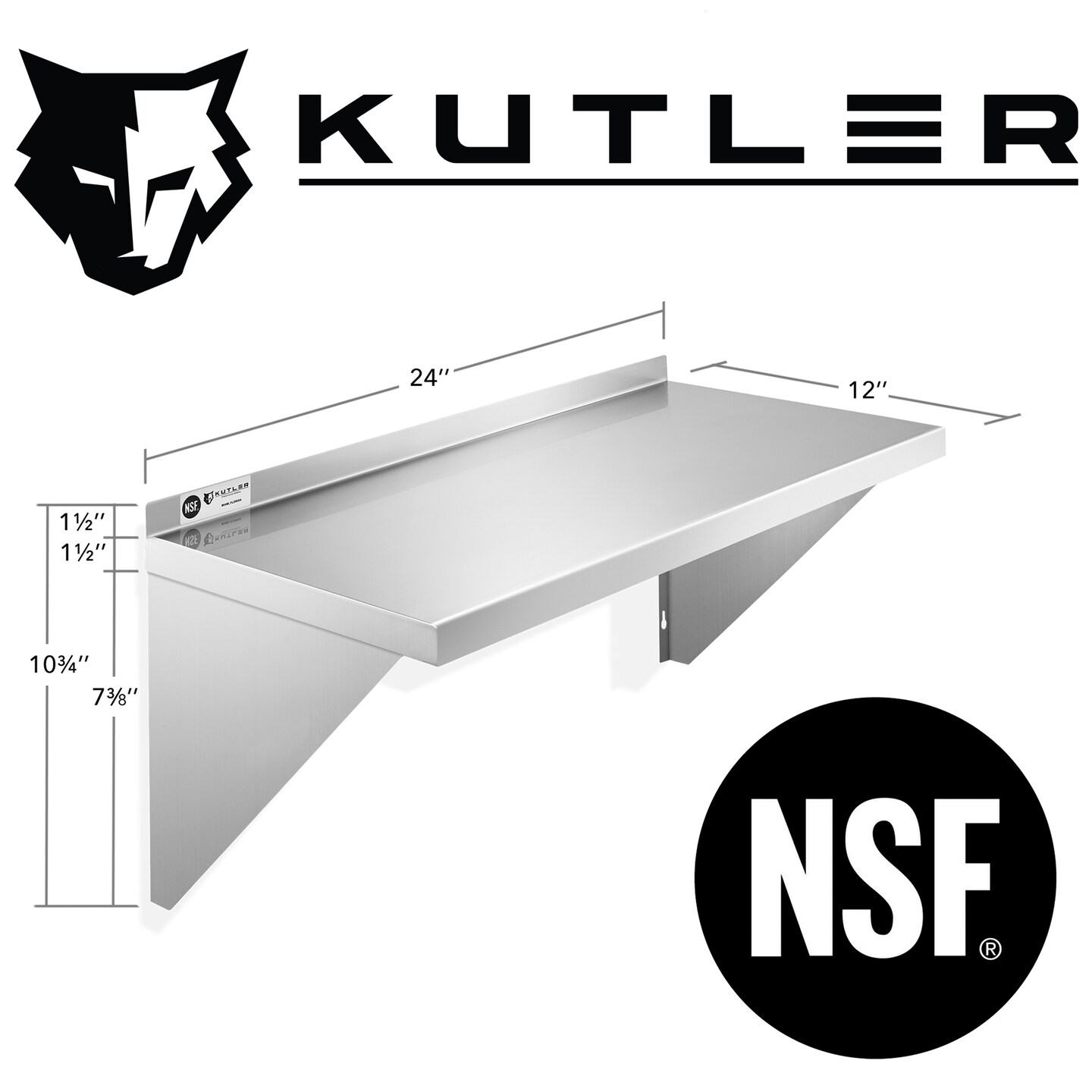KUTLER Stainless Steel Shelf, NSF Commercial Wall Mount Shelves with Backsplash, Floating Metal Shelving for Restaurant, Kitchen, Home, Garage