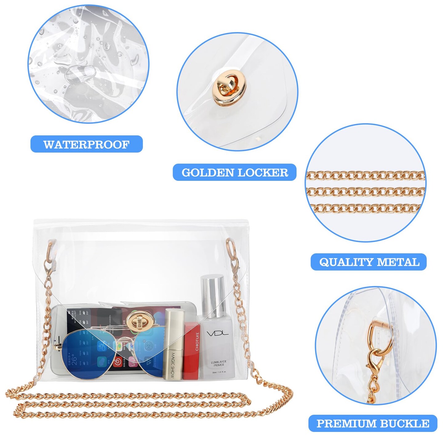 Clear Purse for Women, Clear Bag Stadium Approved, See Through Clear Handbag for Concerts Sports Events (Gold)