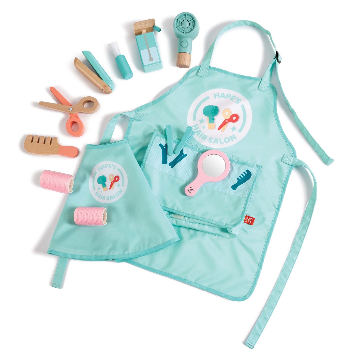 Hape: Super Stylish Hair Salon Set - 15pc, Teal &#x26; Pink Toy Set, Hairstylist Apron &#x26; Wooden Styling Accessories, Hair Dryer, Pretend Play, Kids Ages 3+