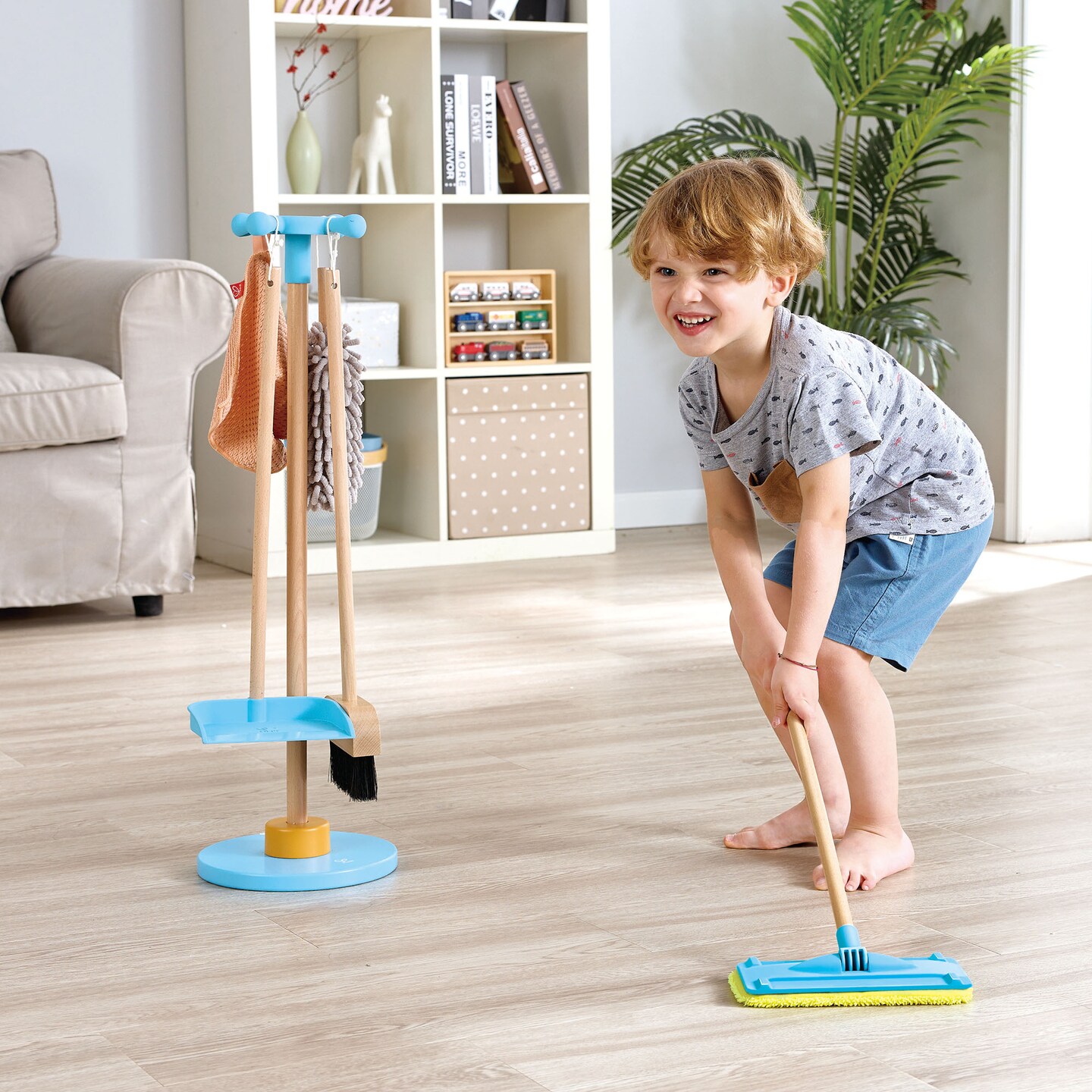 Hape: Clean Up Broom Set - 6pc, Yellow &#x26; Blue, Wooden Cleaning Toy Playset, Stand Holds Broom-Dustpan-Mop-Towel-Duster, Household Pretend Play, Kid 3+