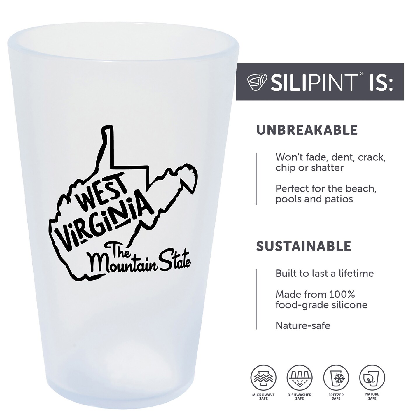 Silipint: State Pint Glasses 16oz: 2 Pack - West Virginia - Icicle Silicone Cups, Unbreakable, Hot/Cold Drinks, Dishwasher-Microwave-Freezer-Oven Safe