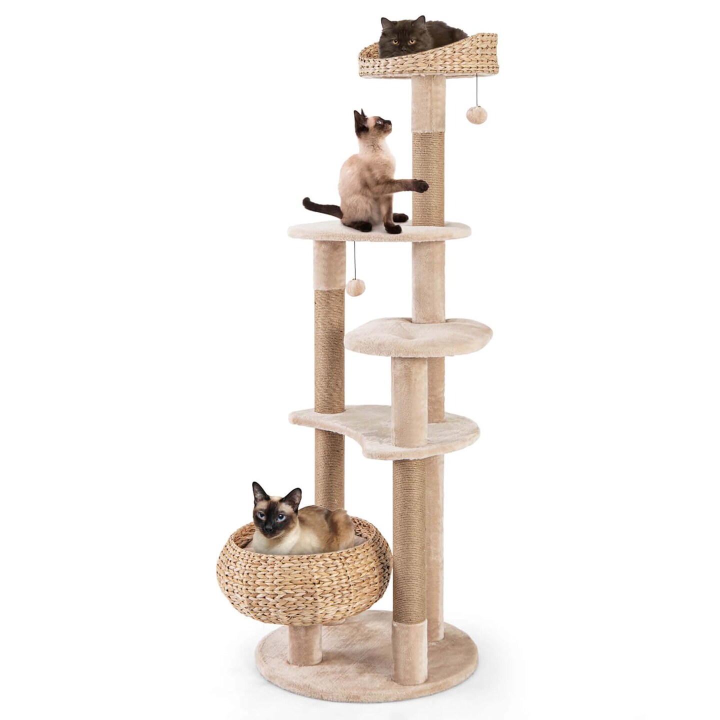 Costway 65" Cattail Cat Tower with Jute Scratching Posts Perch Basket Bed Dangling Balls